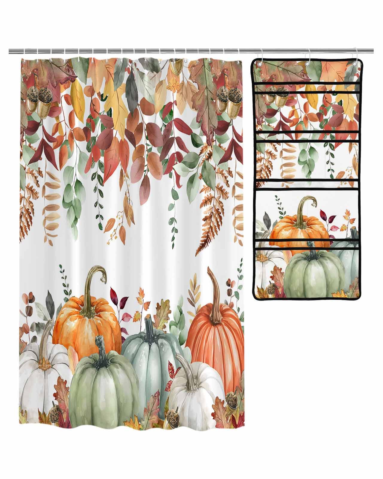 Decorative Shower Curtain Sets Fall Polyester Fabric Waterproof Shower Curtains Autumn Colorful Pumpkin Eucalyptus Leaves White Mesh Shower