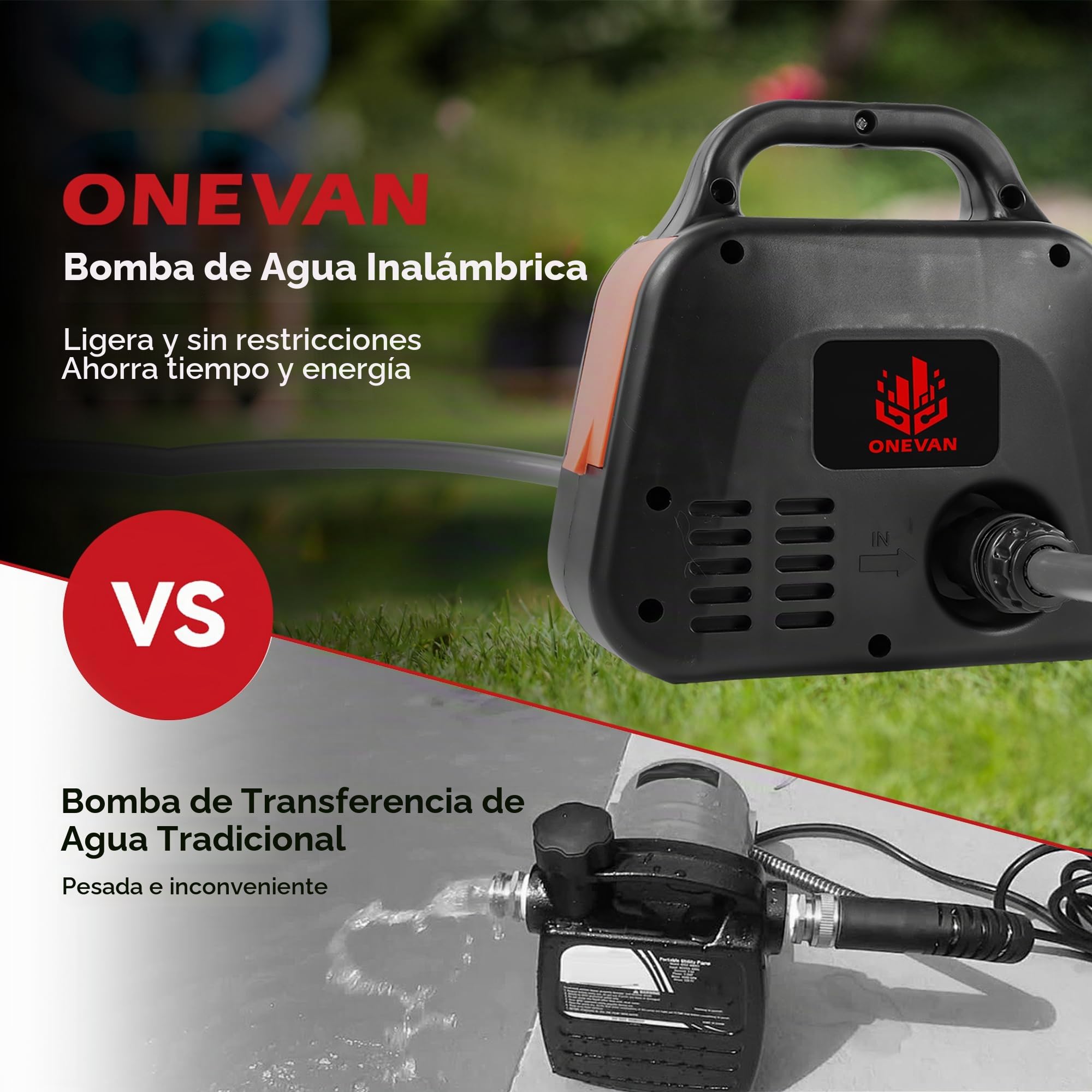 ONEVAN Bomba de Agua con batería 600L/h, Bomba eléctrica de jardín con indicador de Potencia, 2 baterías 2000mAh, 2 velocidades, Bomba de batería, Incluye Boquilla 7 en (Negro, Estándar)