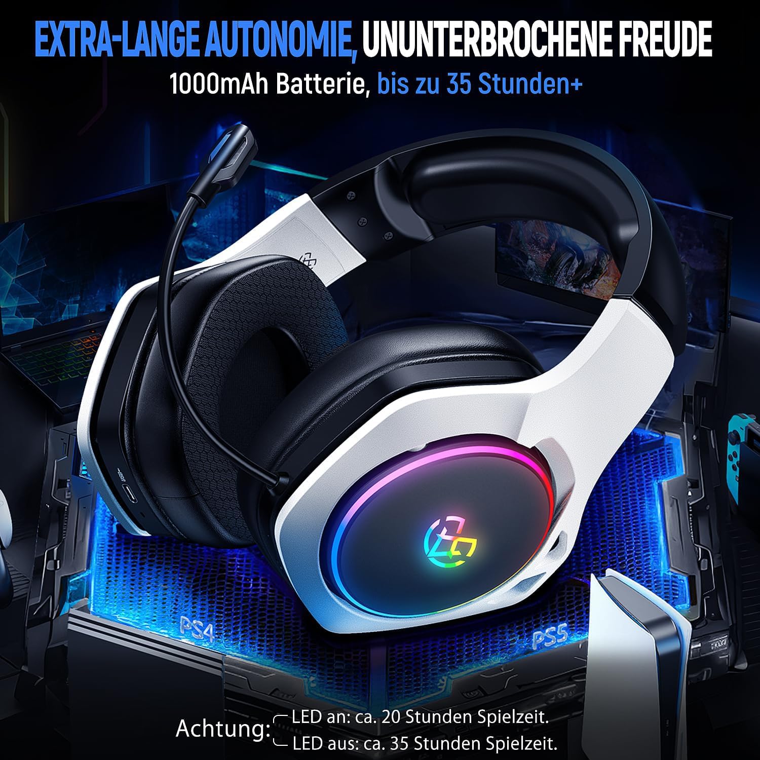Tatybo Bezprzewodowy zestaw słuchawkowy gamingowy do Ps5/Ps4/PC/Switch, 2,4 GHz i Bluetooth, opóźnienie poniżej 25 ms, czas pracy 35 godzin, oddychające nauszniki, RGB, bezprzewodowy zestaw