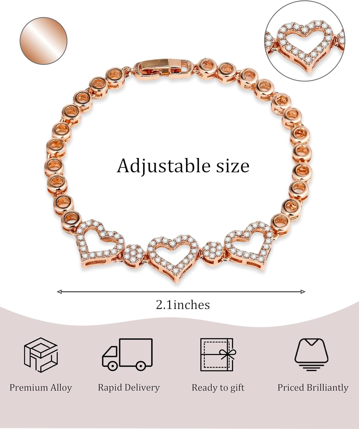 Dainty Rose Gold Chain Bracelet for Women, Heart Bracelet with Sparkling CZ Accents, Gold Link Bracelet for Women, Lock and Clasp Design for Girlfriend - Image 4