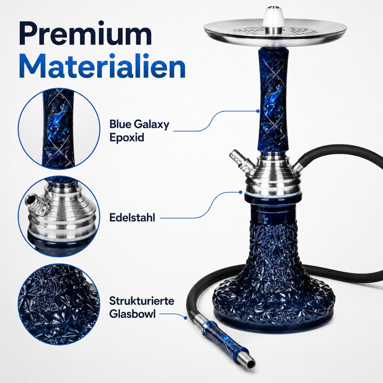 Secret Set completo per narghilè in acciaio inox epossidico, speciale sistema Blow-Off – Set di narghilè grande con tubo da 150 cm con bocchino epossidico e molti accessori