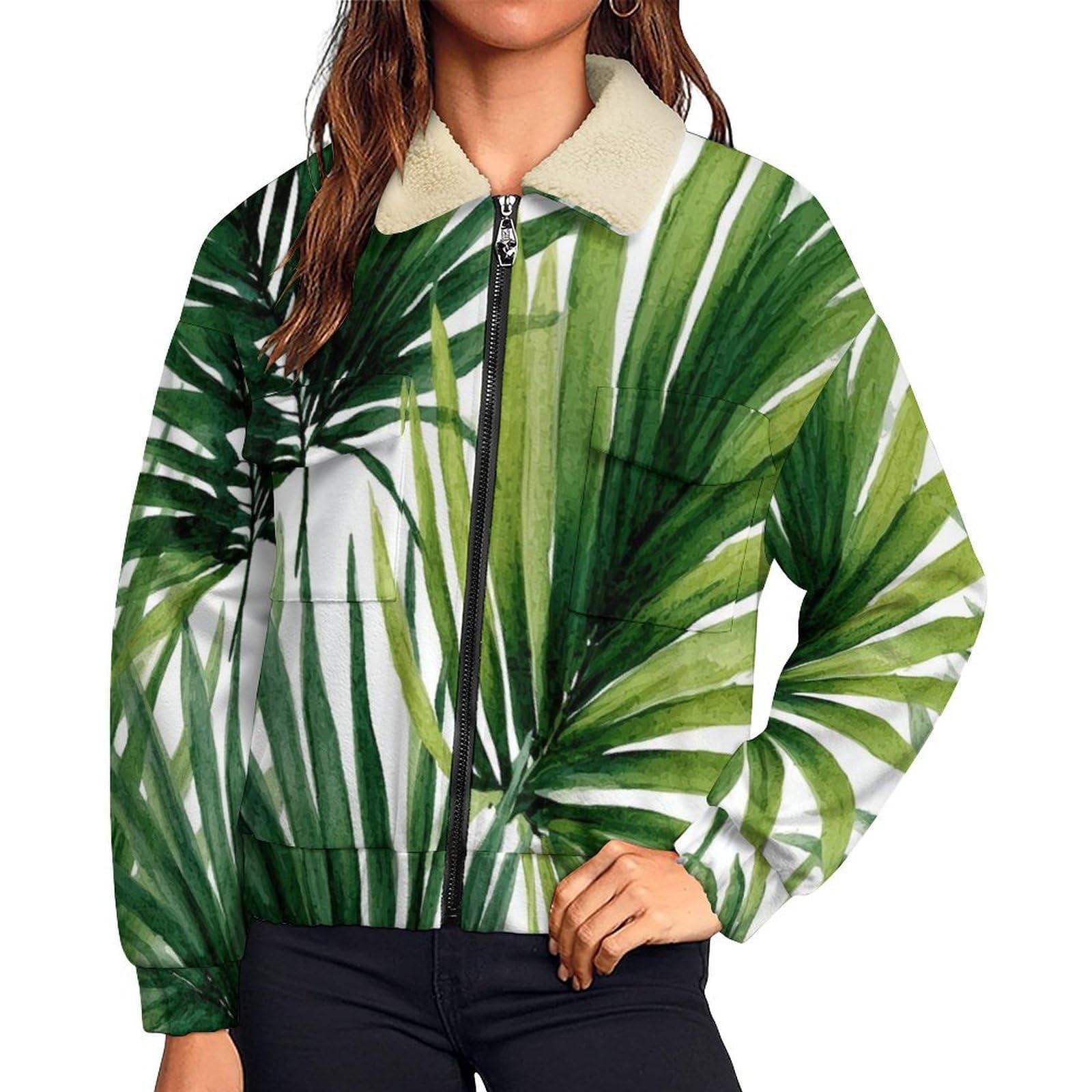Chaqueta de invierno para mujer con forro polar y estampado de hojas de palma 8