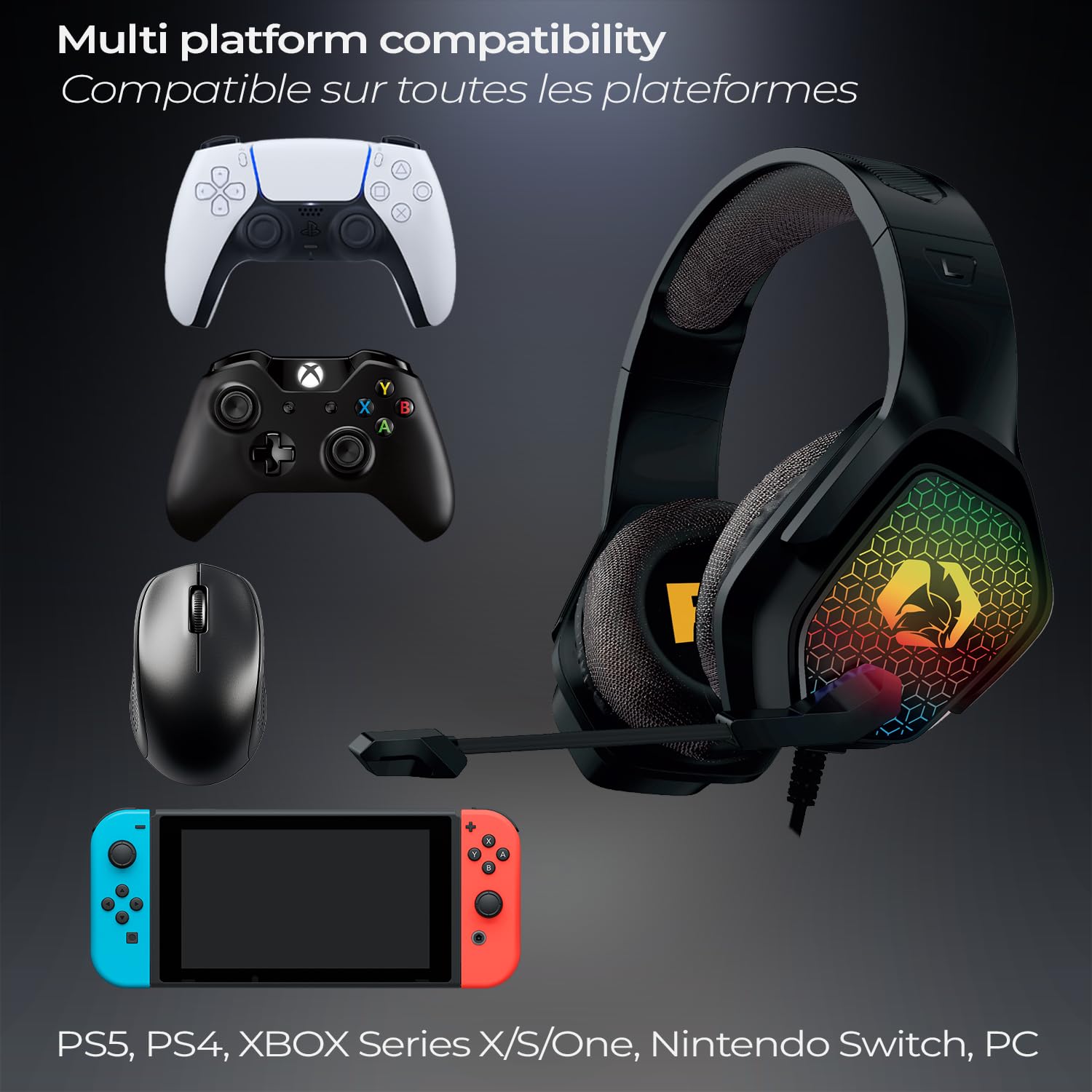 EMPIRE GAMING - H-3 Gamer RGB - do PS5, PS4, Xbox, Switch, PC, Mac, smartfonów, tabletów - Pilot - Dźwięk stereo o wysokiej rozdzielczości - Elastyczny mikrofon - czarny