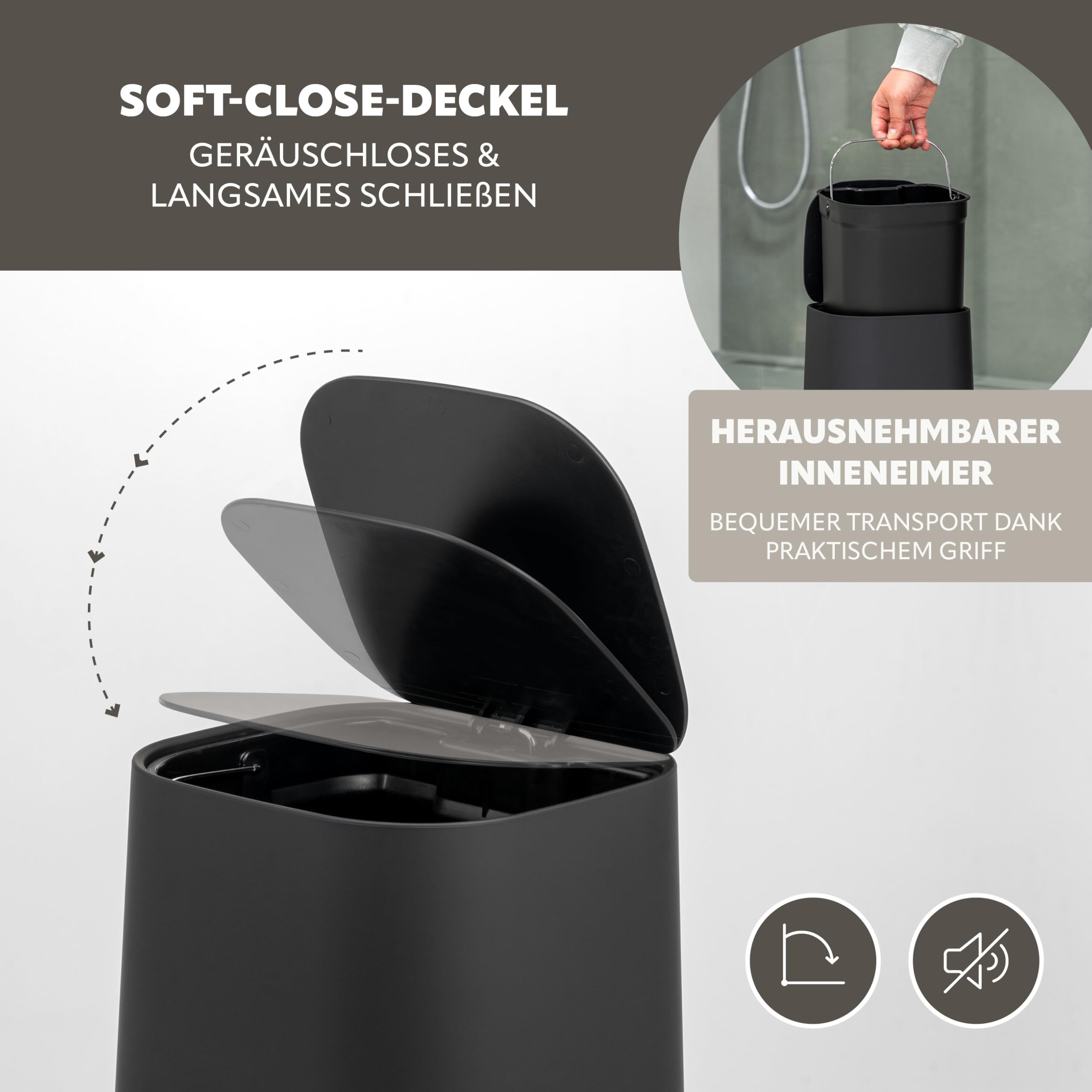 eluno Badezimmer-Set VALONA mit Soft-Touch Oberfläche, Bad-Accessoires Set 5tlg., Seifenspender, Becher, Schale, Kosmetikeimer und WC-Garnitur ideal für Bad und Gäste-WC aus Kuntstoff (Schwarz)