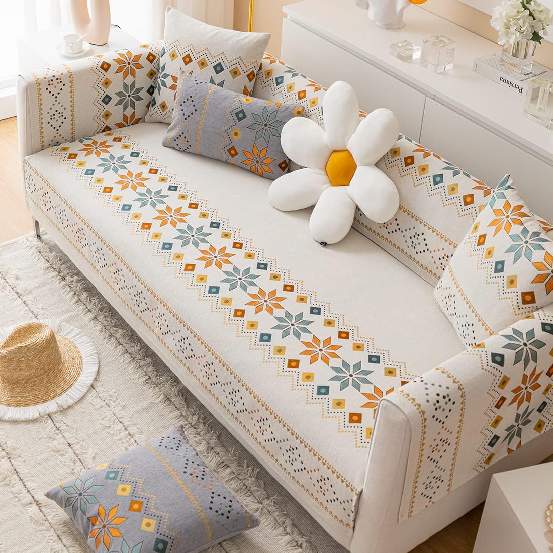 Chenille Sofa Cover Boho Geometric Jacquard Sectional Couch Cover Non-Slip Sofa Slipcover Furniture Protector for Kids Dogs Pets, 1 Piece (Beige,43"x43")