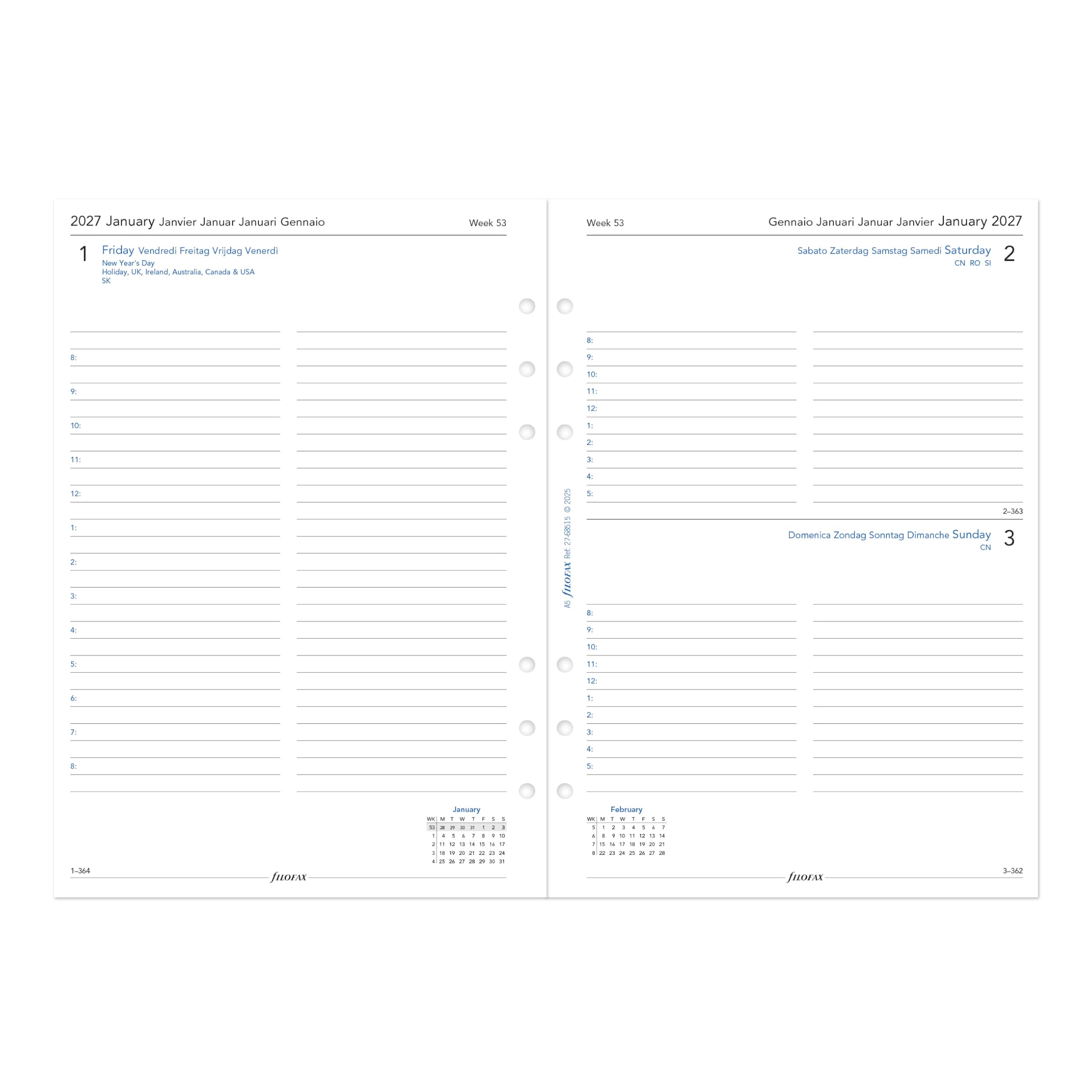Filofax Recharge pour agenda 2027 format A5, 1 jour sur une page avec rendez-vous, papier blanc, multilingue : cinq langues, 2027 (C68515-27)