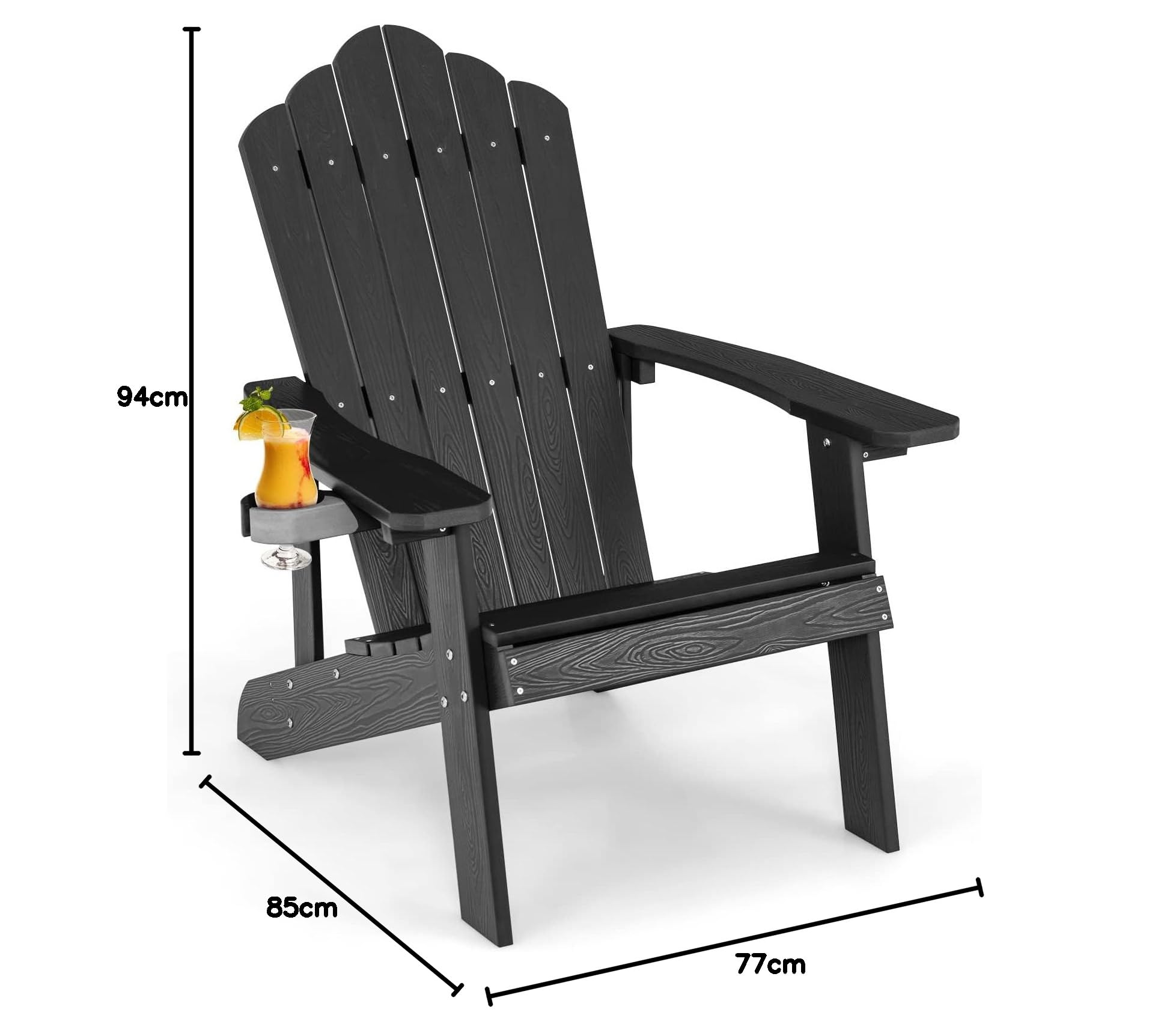 FANTASK Adirondack Chaise de Jardin en Plastique avec Porte-gobelet, résistante aux intempéries, capacité de Charge de 170 kg, Noire