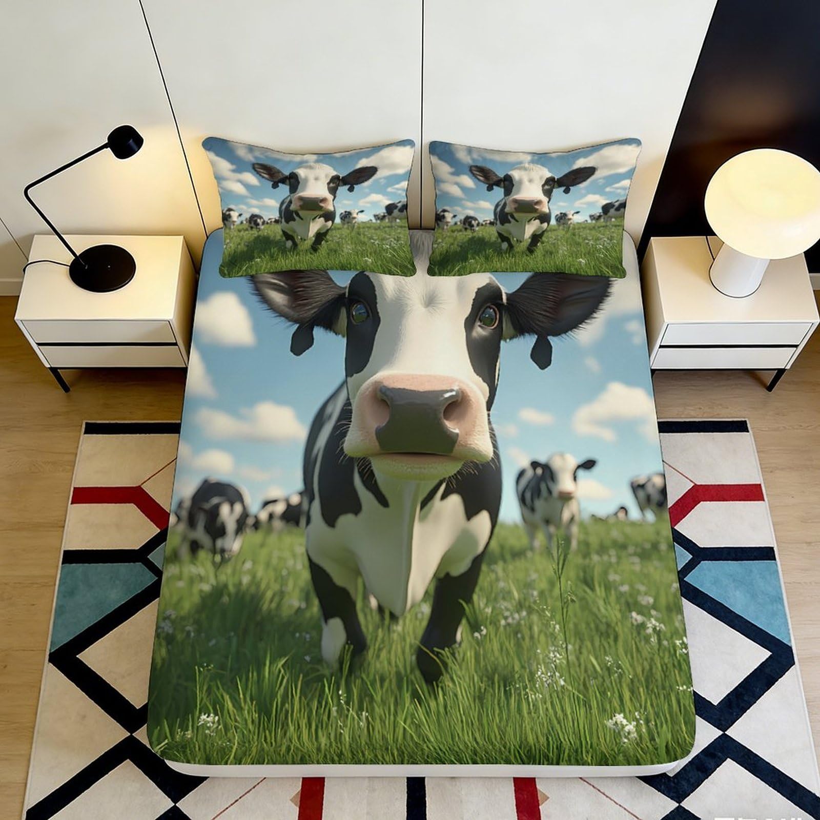 3D Printed Cow Pattern Fitted Sheet Microfiber Soft Breathable Farm Animal Bed Cover for Bedroom Dormitory Guest Room Mattress Protection Decor 140x200x25cm