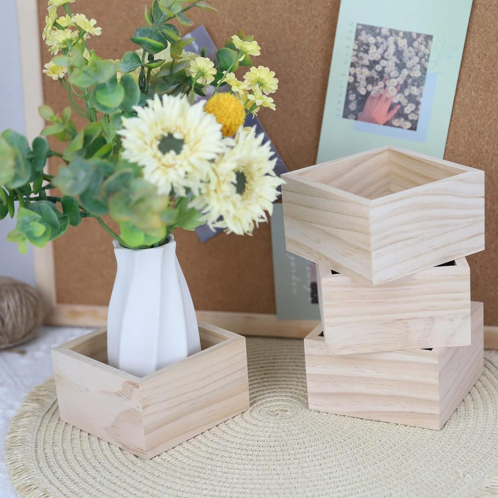 Lot De 4 Boîtes De Rangement Rectangulaires En Bois Brut – 15x10x6 Cm, Caisse Rustique Naturelle Pour DIY, Déco Maison, Bijoux Et Plantes