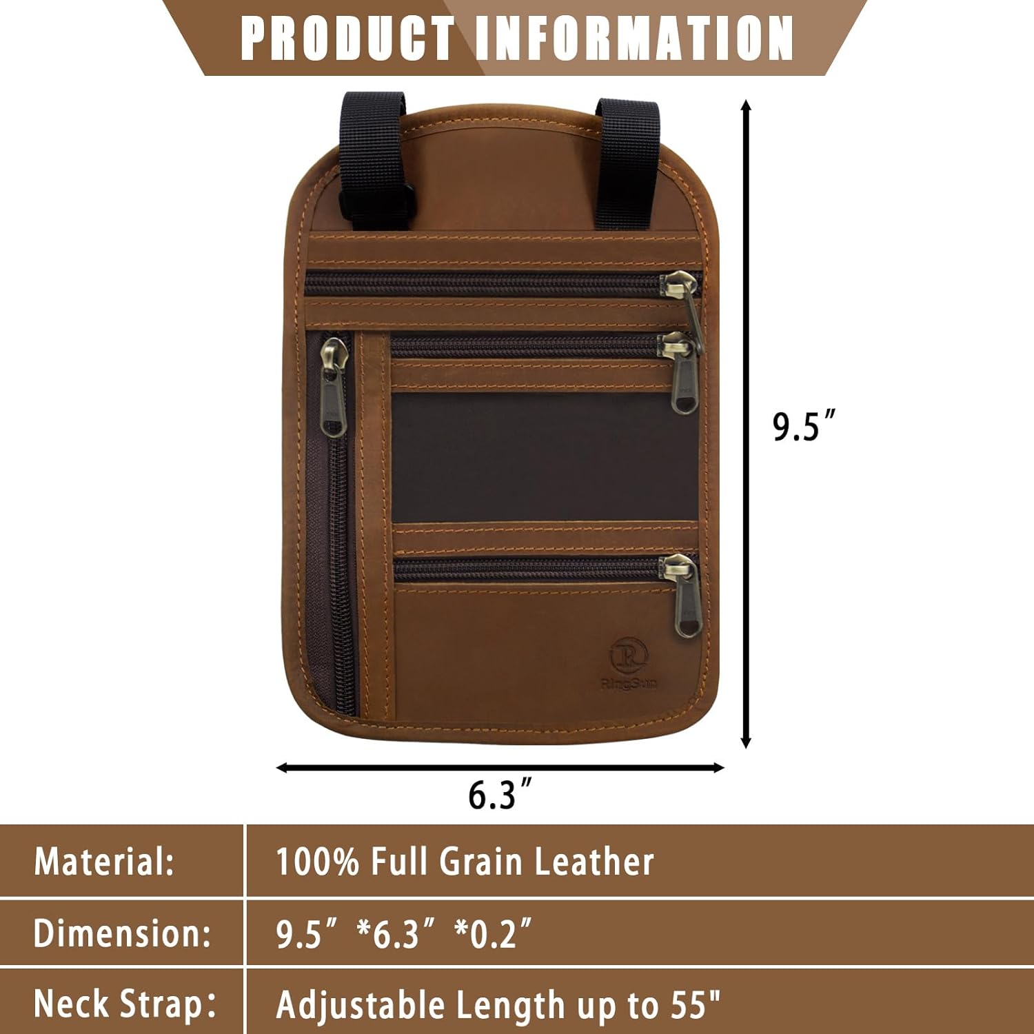Ringsun Genuine Leather Passport Holder For Travel, RFID Blocking Slim Neck Wallet with Adjustable Strap for Women and Men, Travel Essentials to Keep Cash, Credit Cards and Documents Safe, Brown - Image 2