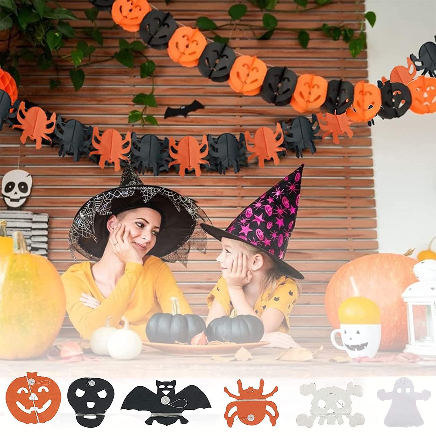 6-piece Halloween decorative banner, Halloween wreath, pumpkin, ghost, bat, spider and skeleton banner, Halloween party garden - Image 4