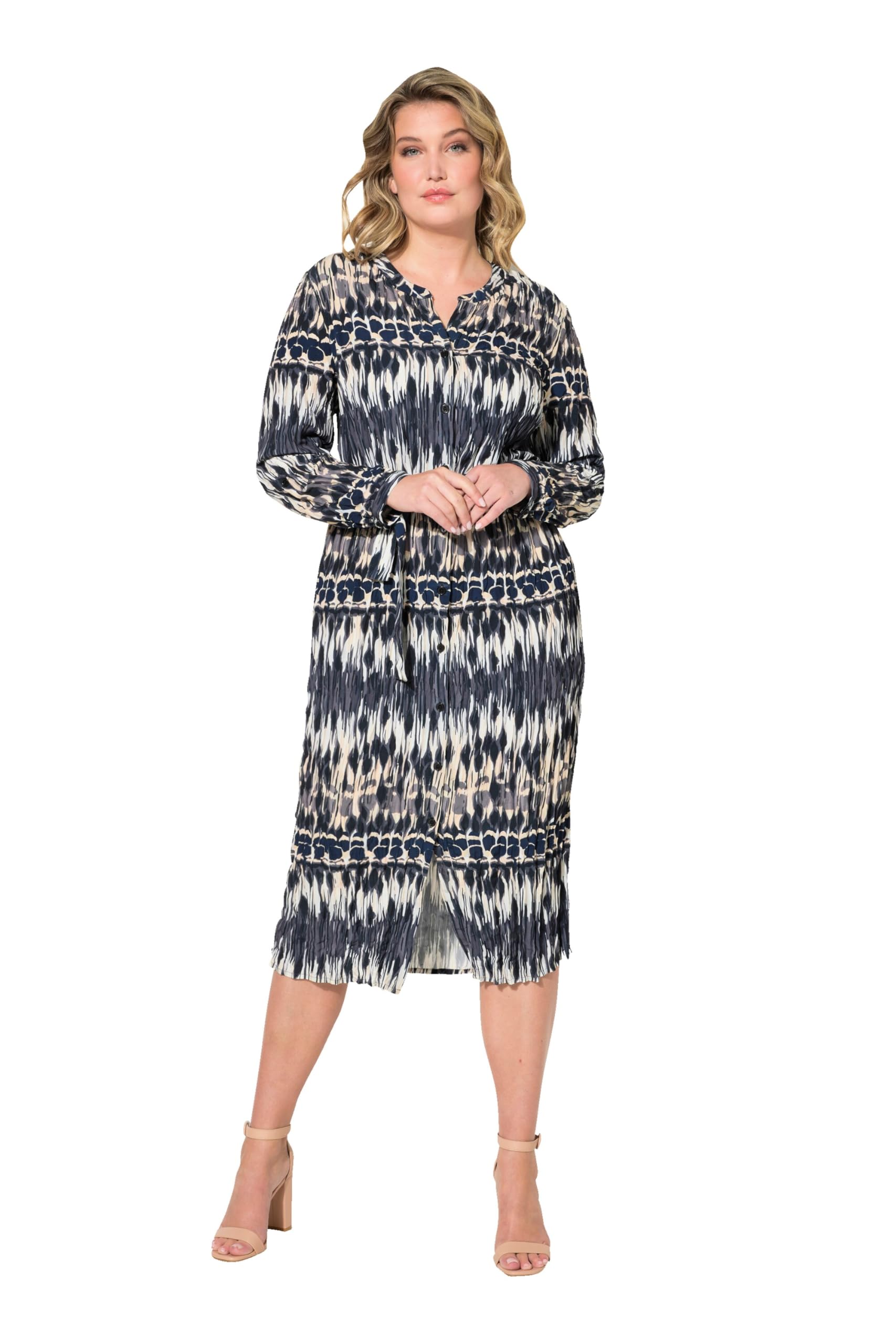 MIAMODA Damen große Größen Übergrößen Plus Size Midikleid, bequem geschnitten, Crash, Alloverdruck. Rundhals, Langarm 832878