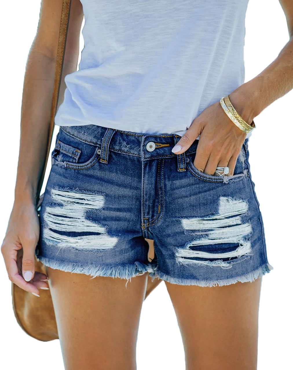 MIFOCAL Women's Mid Rise Ripped Stretchy Jean Shorts Frayed Raw Hem Casual Denim Shorts