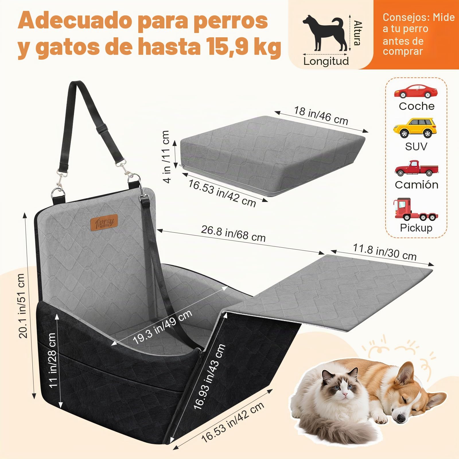 Asiento Elevado para Perros, Asiento de Coche para Mascotas Pequeñas y Medianas hasta 16kg, Cama de Coche Lavable con Espuma Ultra Suave, 3 Cinturones de Seguridad y 2 Bolsillos, Negro + Gris