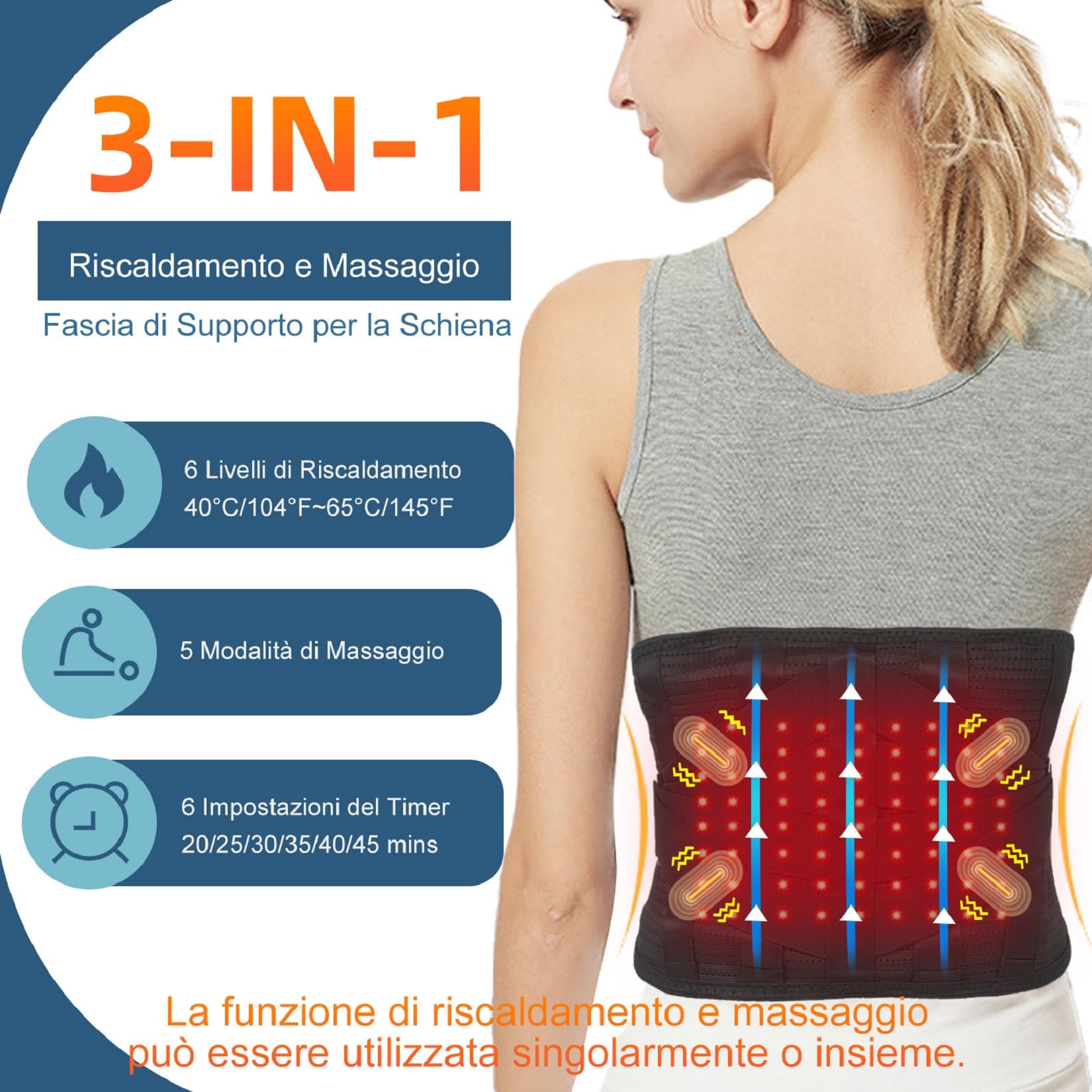 HONGJING Tutore per la schiena con luce rossa riscaldante per alleviare il dolore lombare, supporto lombare cintura massaggiatore ricaricabile per sciatica, scoliosi, ernia del disco, M