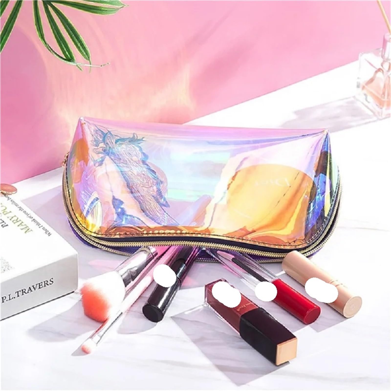 100Pcs Transparent Holographic PVC Cosmetic Zipper Bags Waterproof Travel Plastic Laser Ladies Makeup Pouch(21x11x8cm)
