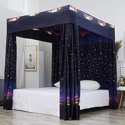 Mengersi Galaxy Star Four Corner Post Bed Curtains Canopy Bedroom Decoration for Kids Girls Adults Windproof Lightproof Bed Canopies Child Gift (Twin,Black)