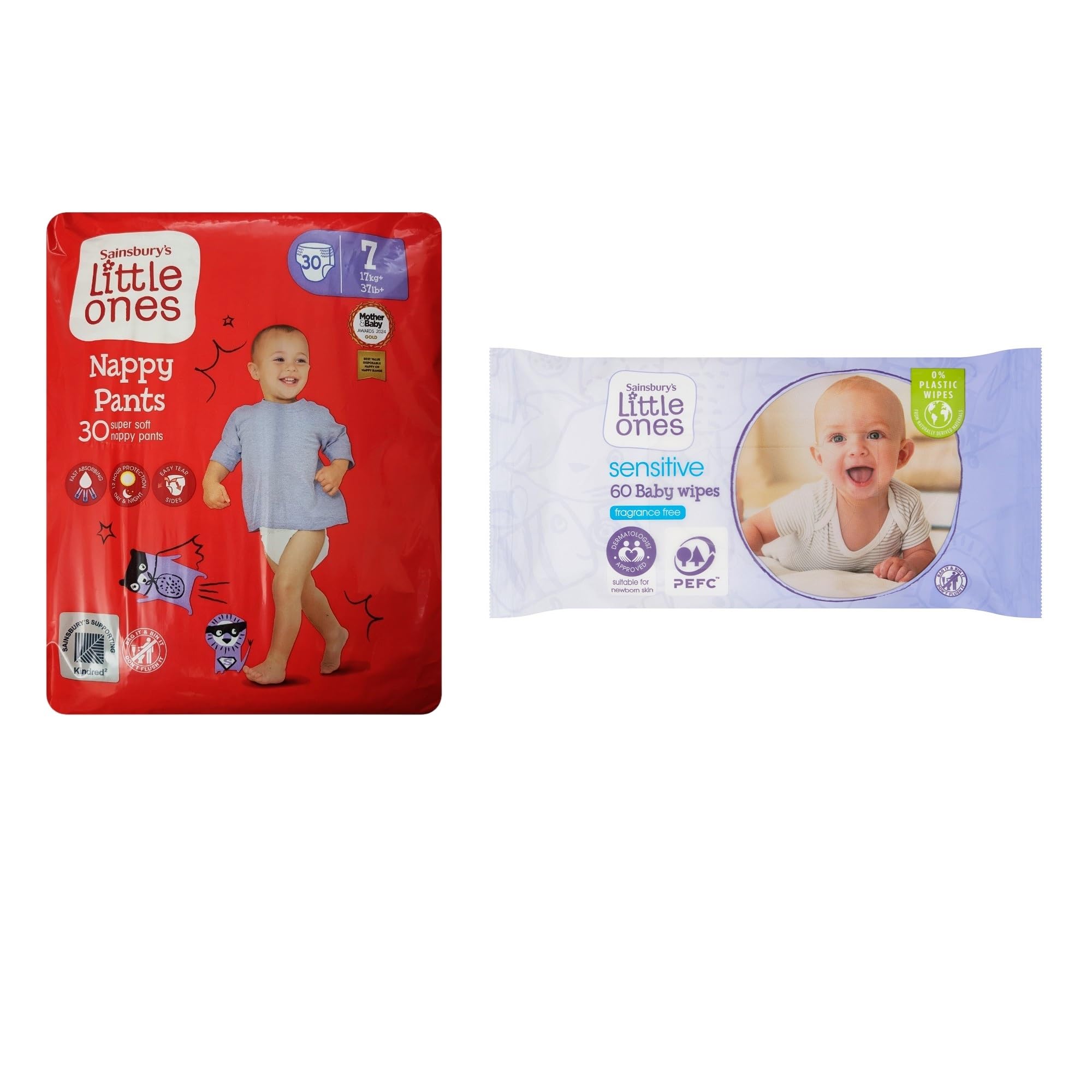 Little Ones Size 7 Nappy Pants 30 Pack + 60 Fragrance Free Baby Wipes