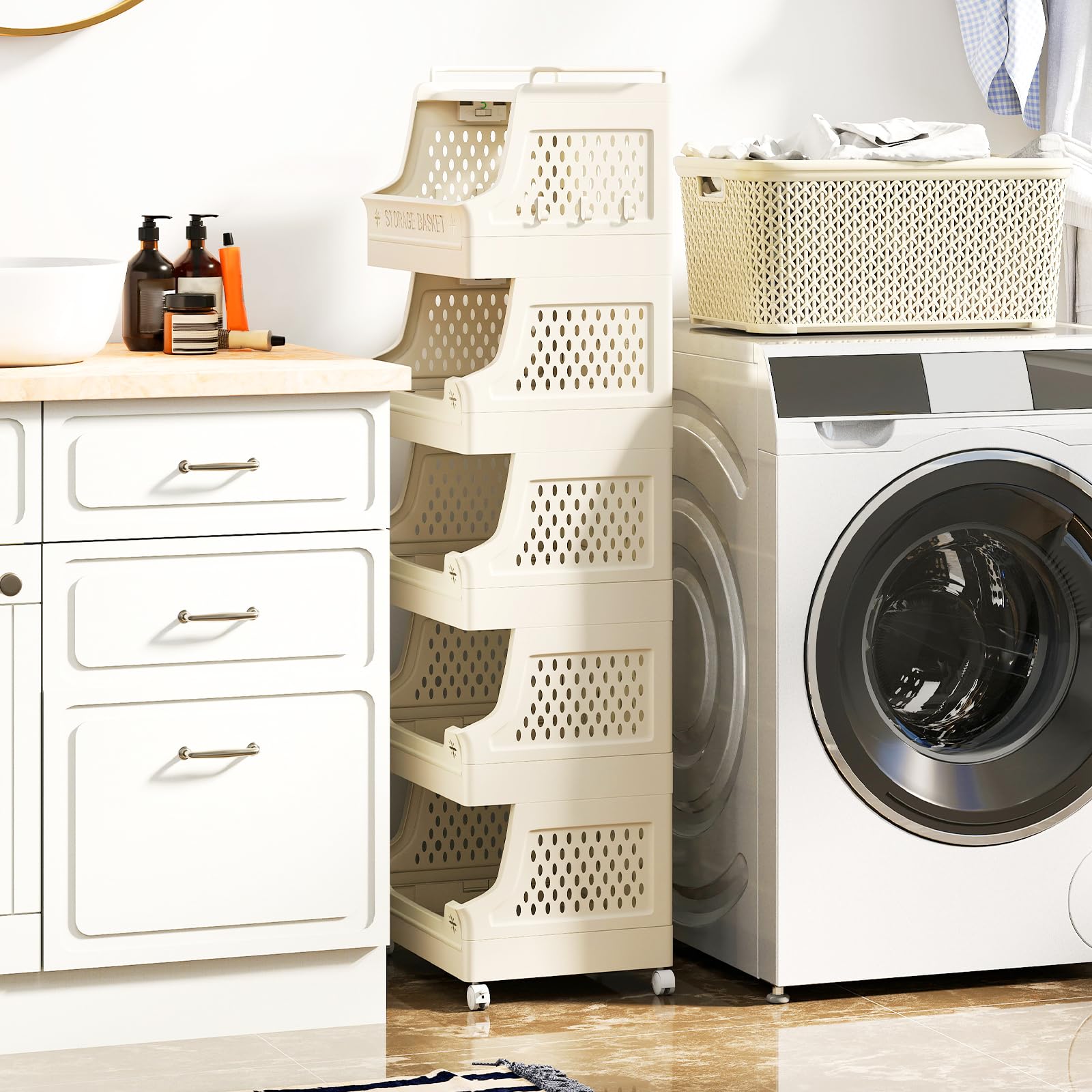 RELAX4LIFE Carrello Portaoggetti a 3/4/5/6 Livelli, Portabiancheria Impilabile con Ruote, Maniglie e Ganci, Salvaspazio in Plastica per Lavanderia, Bagno e Soggiorno, Beige (5 RIPIANI)