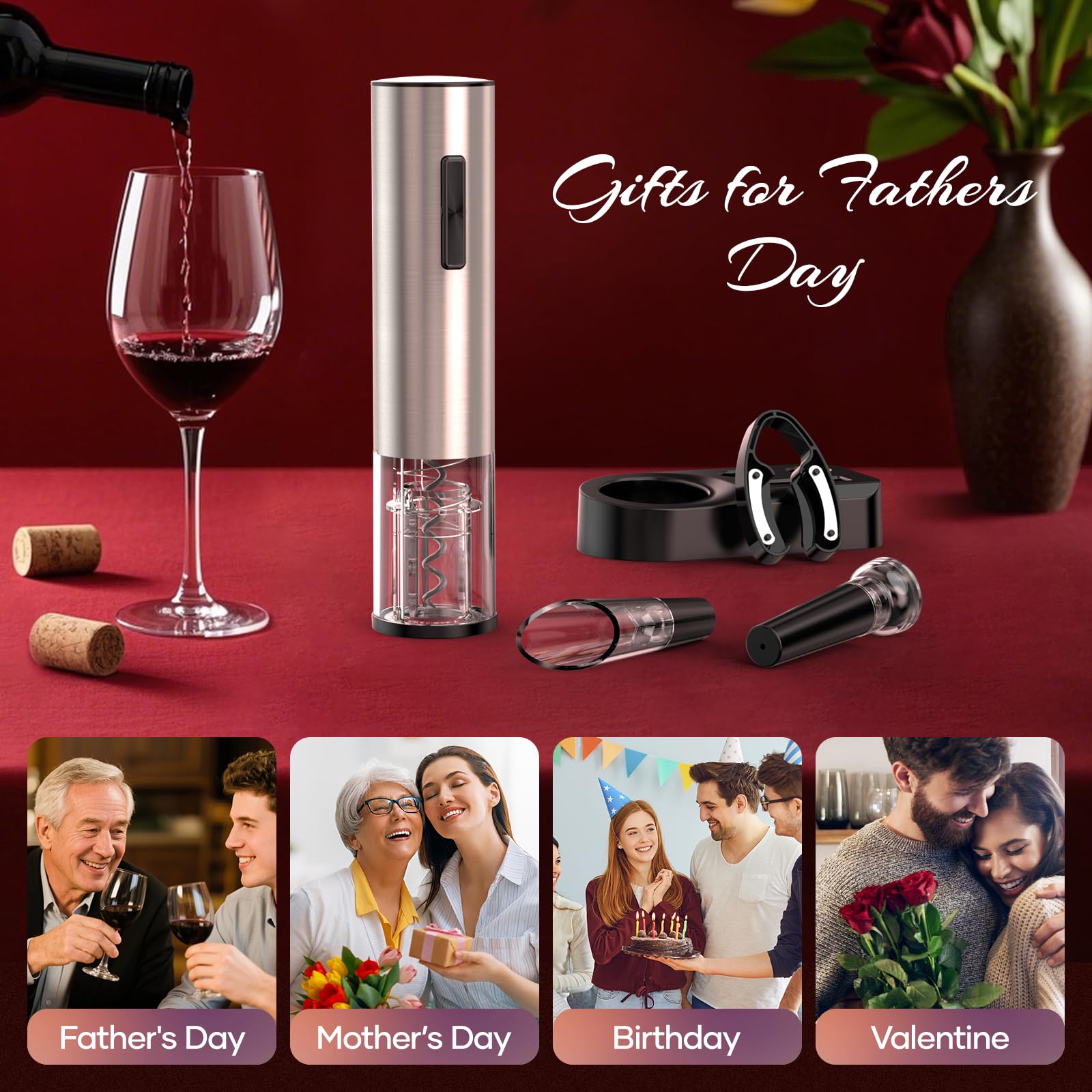 Abridor de vino eléctrico, abrebotellas de vino recargable, sacacorchos automático con tapón de vacío, vertedor aireador, cortador de lámina, base de exhibición, regalos de inauguración de la 3