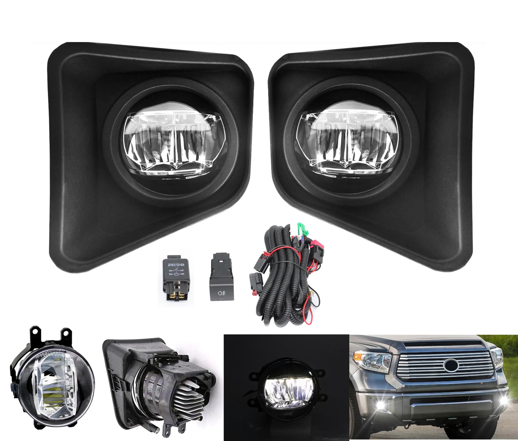 LED Fog Lights Compatible With 2014 2015 2016 2017 2018 2019 2020 2021 Toyota Tundra | Clear Lens |Driver and Passenger Side |Switch and Wiring Kit | 8121002160、8122002160