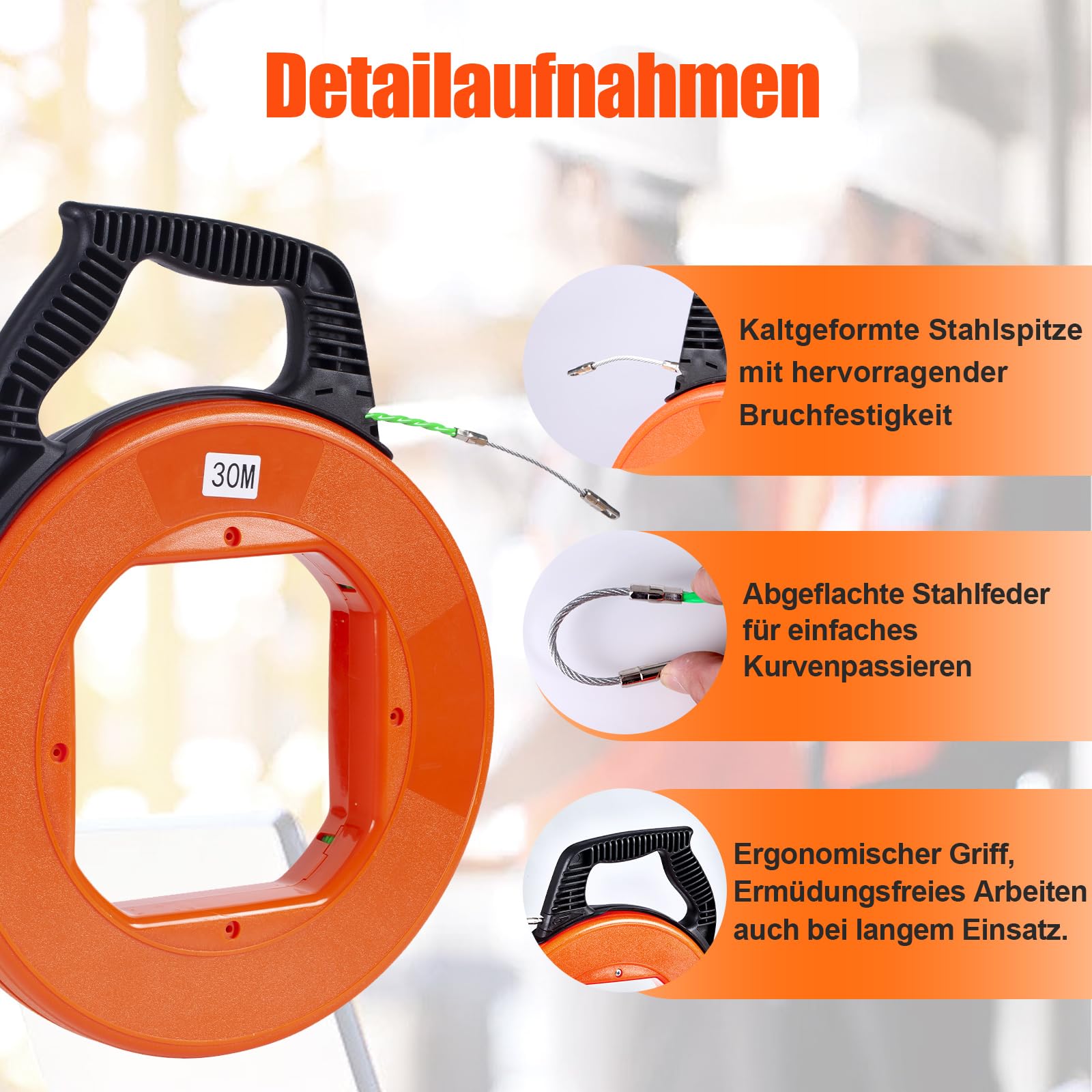 Pious Kabeleinziehhilfe 30m, Zugdraht für Leerrohre, mit Aufbewahrungsbox, Einziehband Anti-Verwicklungs-Design, Gleitet leicht um Rohrkurven, Perfekte Kabel Einzugshilfe für Glasfaser-Durchziehhilfe