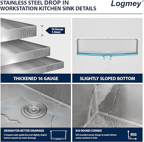 Vista 213 de Logmey Fregadero de cocina negro de 33 x 22 pulgadas, estación de trabajo SUS304, calibre 16, acero inoxidable, cuenco individual, montaje superior