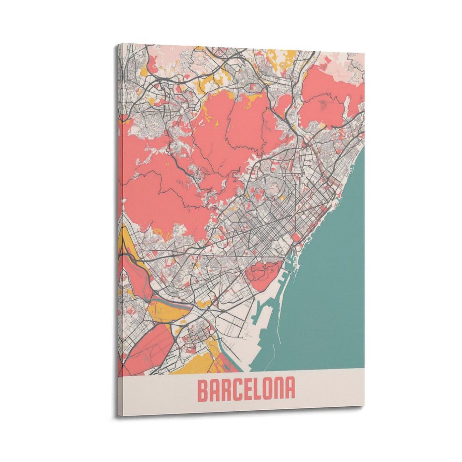 OKAHYS Spain Barcelona Vintage Map Poster Decorative Painting Canvas Wall Artworks Picture 24x36inch(60x90cm)