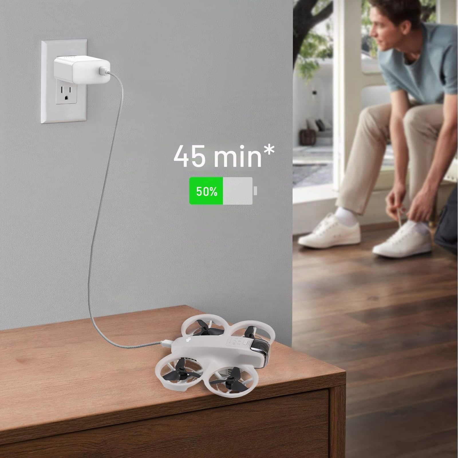 FPVtosky Caricatore USB-C da 65W Con Ricarica Rapida, Tecnologia GaN - Compatibile Con DJI Lito X1/NEO/Mini 5 Pro/4Pro/4K/Air 3S/Avata 2/Avata 360, Osmo Pocket 3/Pocket 4, Cavo C a C Incluso (Bianco)