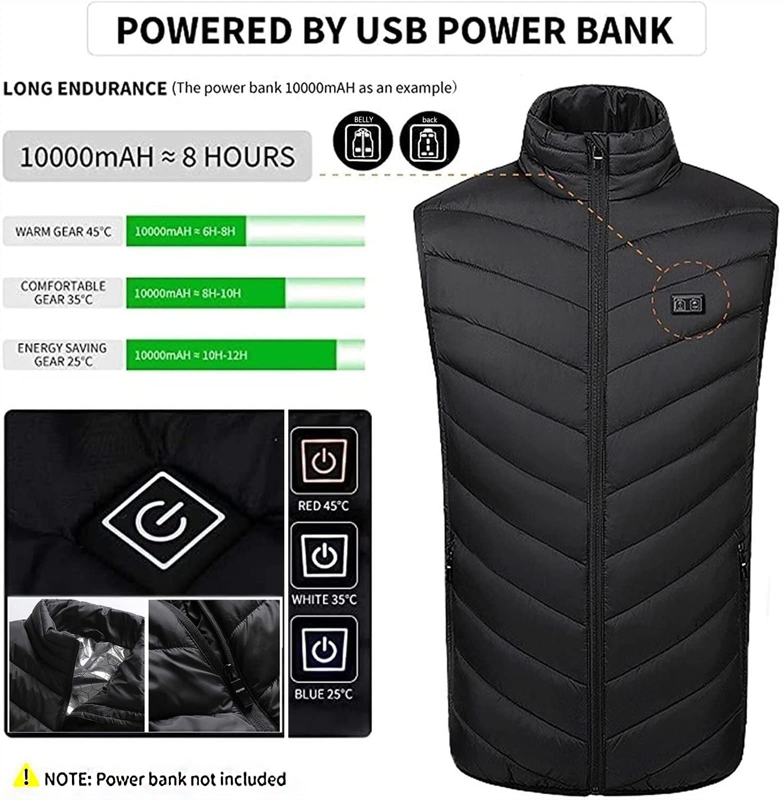 BelonLink Verwarmd Vest, Verwarmingsvest Voor Heren en Dames, met 9 Koolstofvezel Verwarmingspads, 3 Temperatuurniveaus, Wasbaar, voor Motorvissen Skiën Buitenactiviteiten (Batterijen Niet Inbegrepen