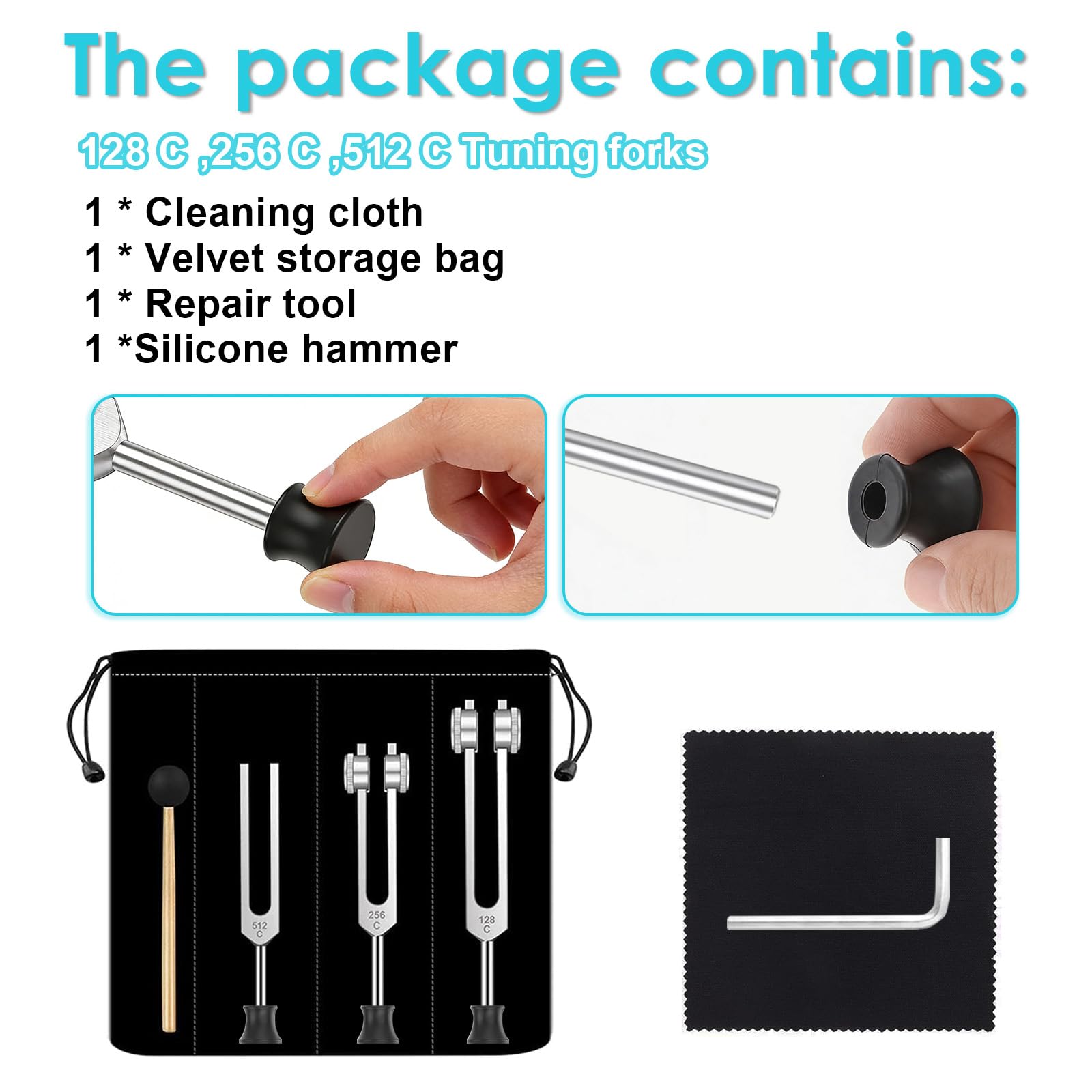 Juego de Diapasones - DiapasóN Para Sanar 128 C, 256 C, 512 C, con Martillo De Silicona y Funda, Juego de Herramientas de Terapia de SanacióN de Sonido, Para MeditacióN y Terapia (con base)