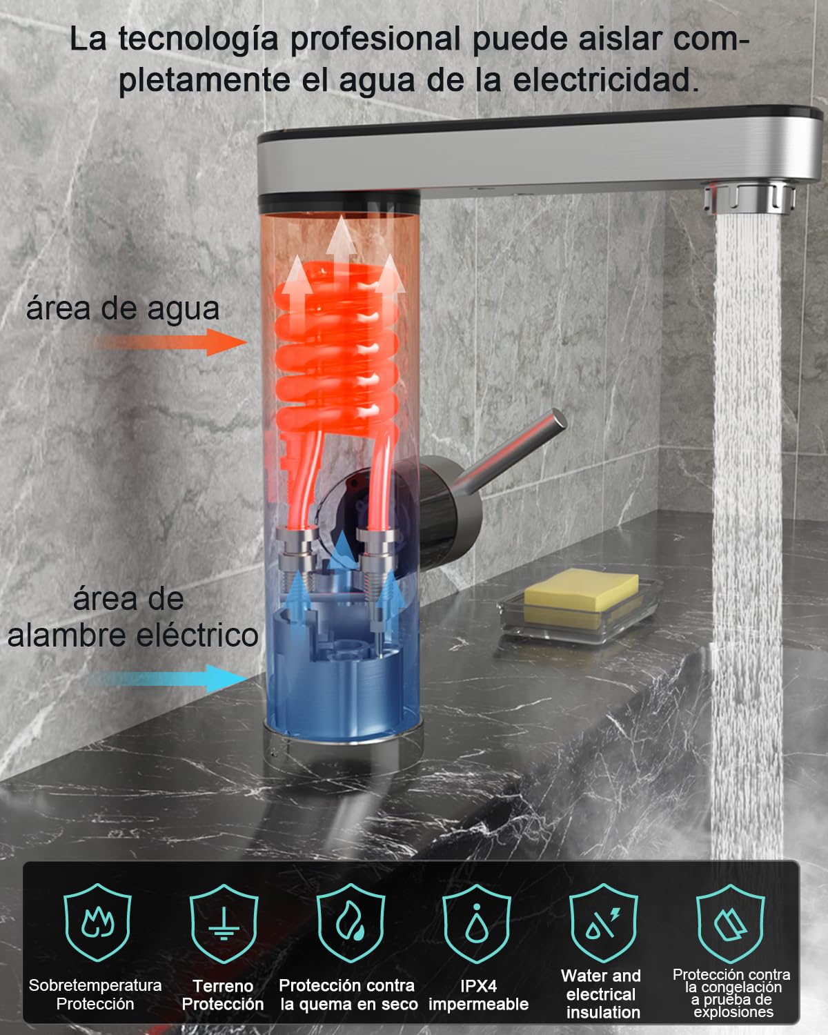 Grifo de agua caliente de acero inoxidable, grifo eléctrico con calentador de paso con indicador de temperatura digital, salida giratoria de 120 grados, armaturas eléctricas baño (salida de pantalla)