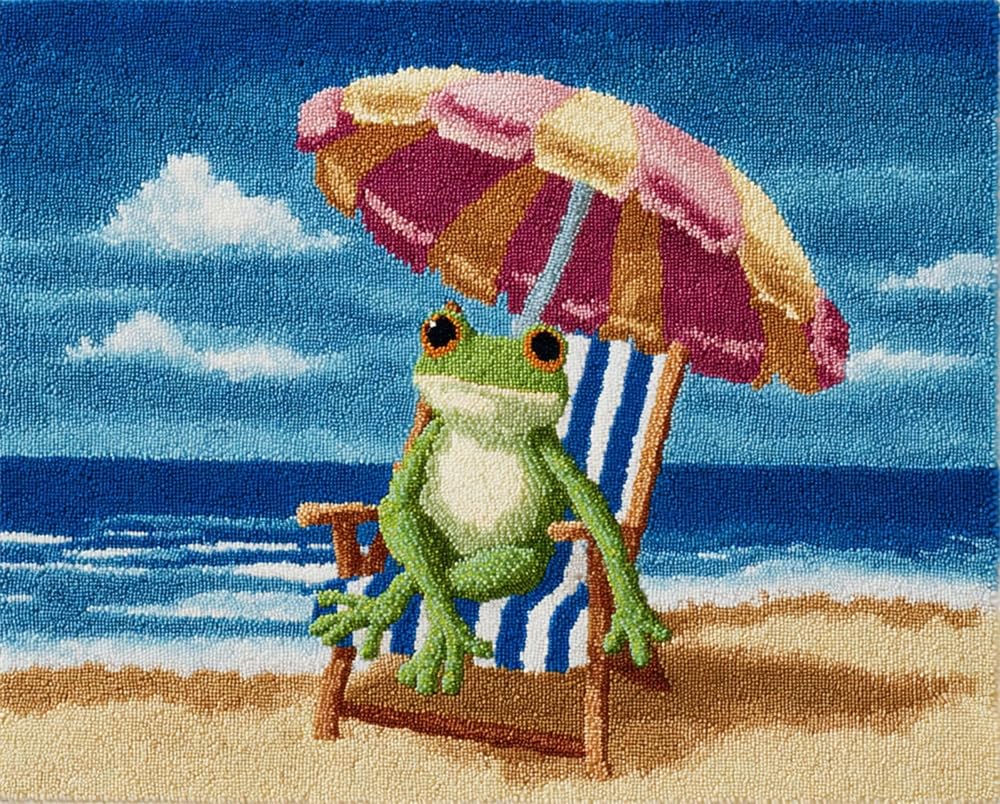 Kitquiver Rug Kits for Adults Latch Hook Pre Printed Frog Sitting On A Beach Chair DIY Crochet Yarn Embroidery Handmade Needlework with Printed Canvas for Home Decoration 15X20In