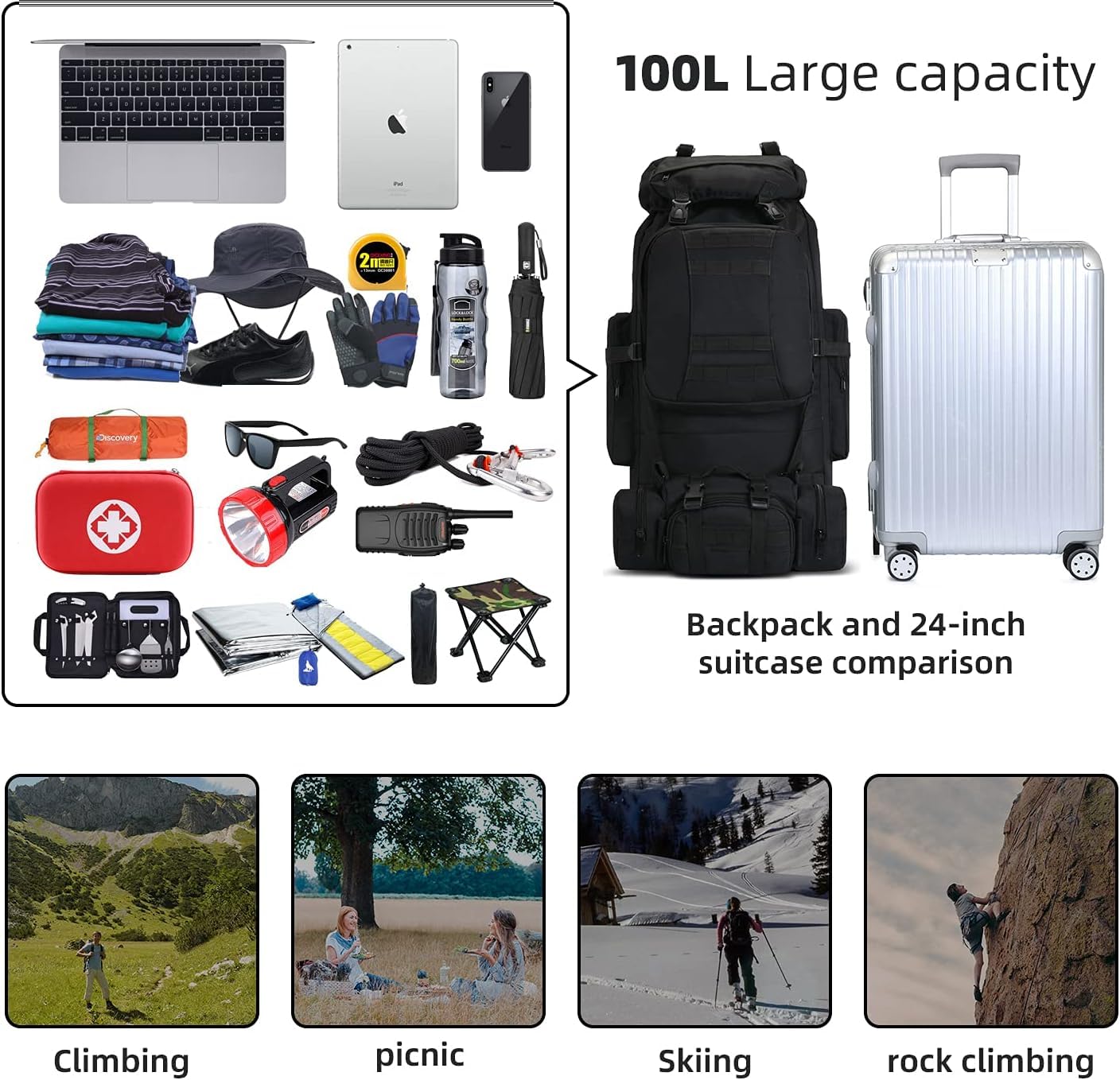Hongxinghai 100l Camping Plecak Turystyczny, Wojskowy Plecak Taktyczny Molle, Wodoodporny Lekki Plecak Turystyczny, Black-c