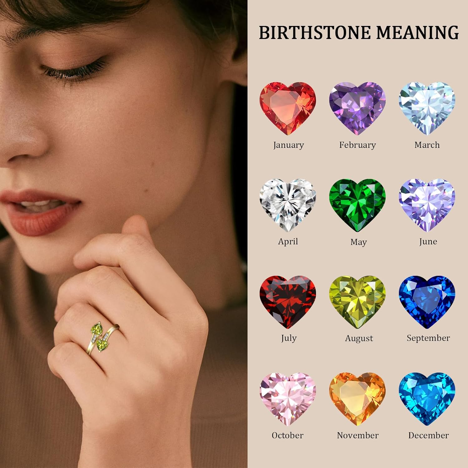 1CT Adjustable Women Heart Ring 14K Gold Plated Birthstone Rings for Women Promise Ring for her Simulated Gemstone Statement Stackable Band Width 2mm Open Size 5~9 - Image 4