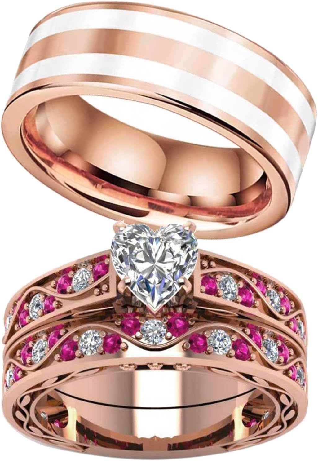 Couple Rings Matching Ring 1CT AAA CZ Rose Gold Plated Women Wedding Ring Sets for Him and Her Rings