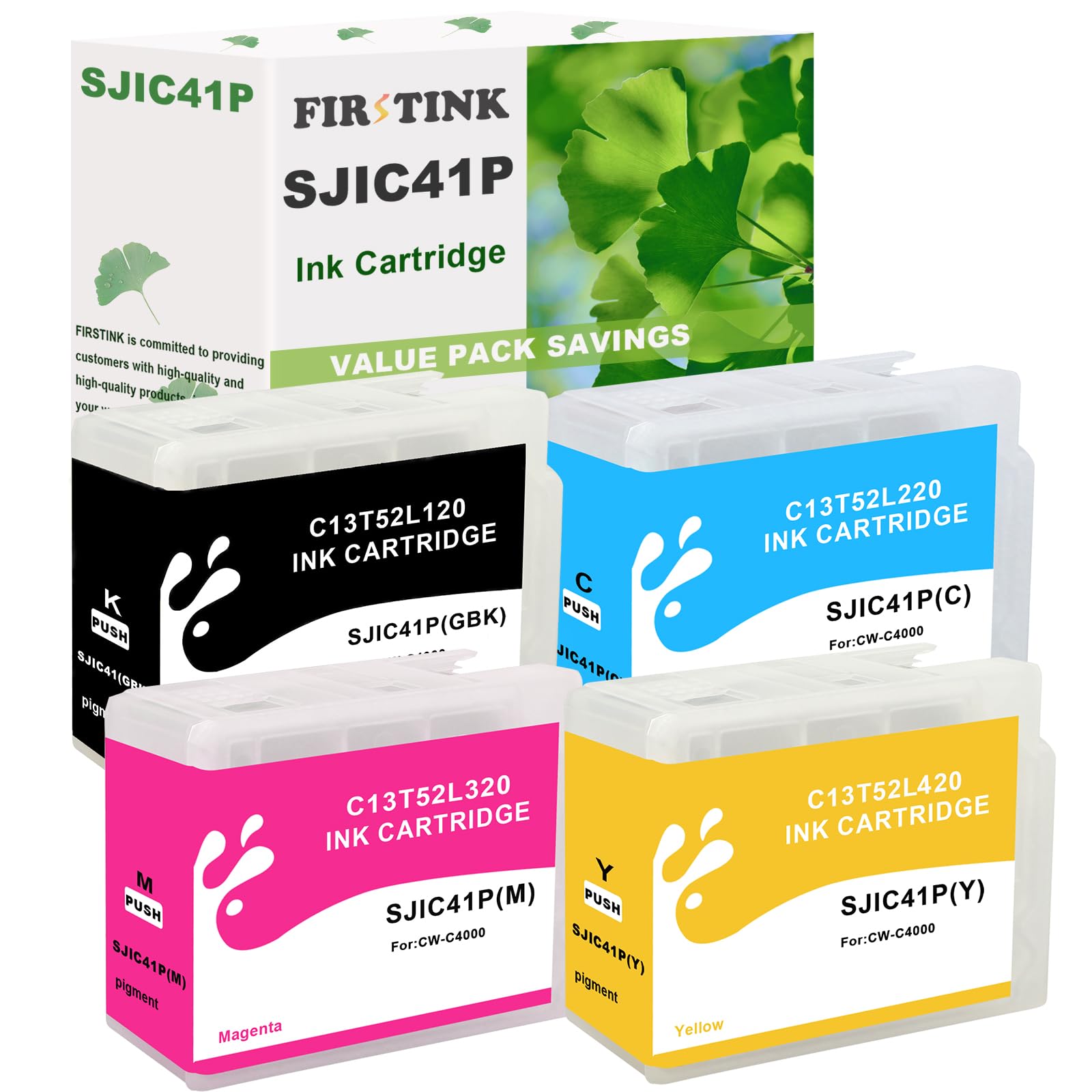FIRSTINK SJIC41P Ink Cartridges Remanufactured SJIC41P-BK SJIC41P-C SJIC41P-M SJIC41P-Y Ink Set Compatible for ColorWorks CW-C4000 Color Inkjet Gloss Label Printer (4-Pack Gloss)