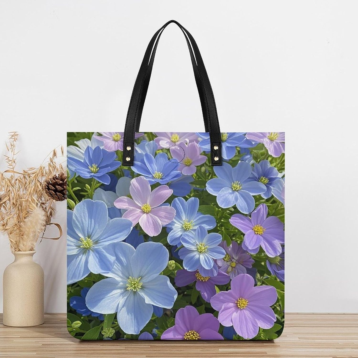 Blue Purple Flowers Tote Bag with Magnetic Buckle Reusable Grocery Bags Lightweight Cross Body Handbag for Daily Essentials