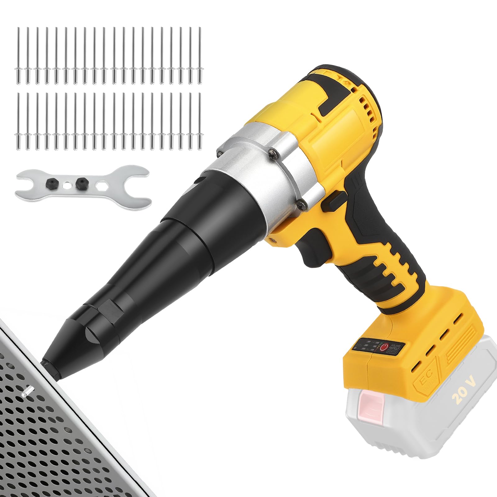 Rivettatrice a batteria con motore brushless, compatibile con batterie da 20 V, con luce da lavoro a LED e 3 ugelli per fai da te e costruzione