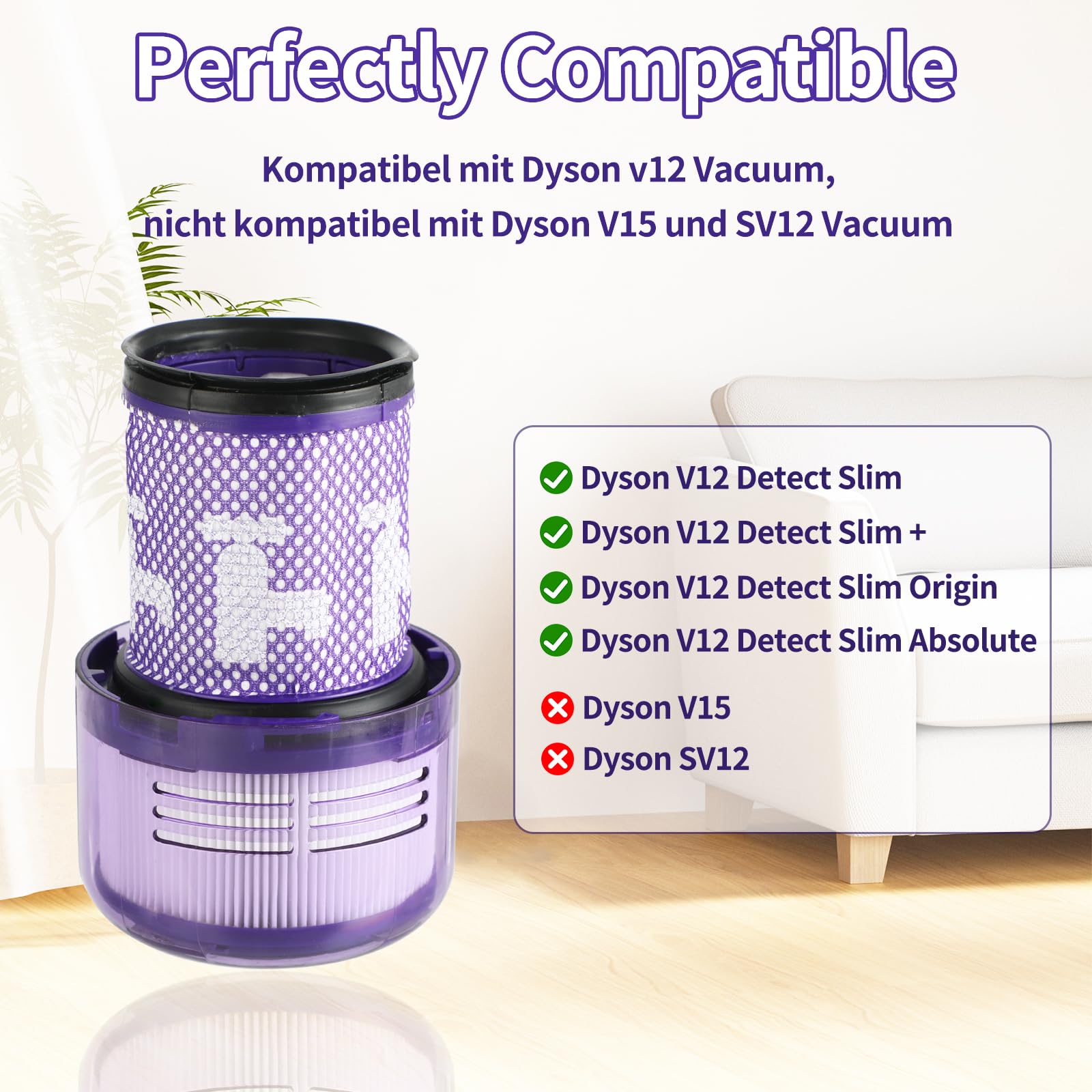 2 sztuki filtrów zamiennych do odkurzacza Dyson V12 Detect Slim, kompatybilne z Absolute, Extra, Total Clean, Fluffy – Filtry do mycia do odkurzacza Dyson V12 – zastępują część 971517-01