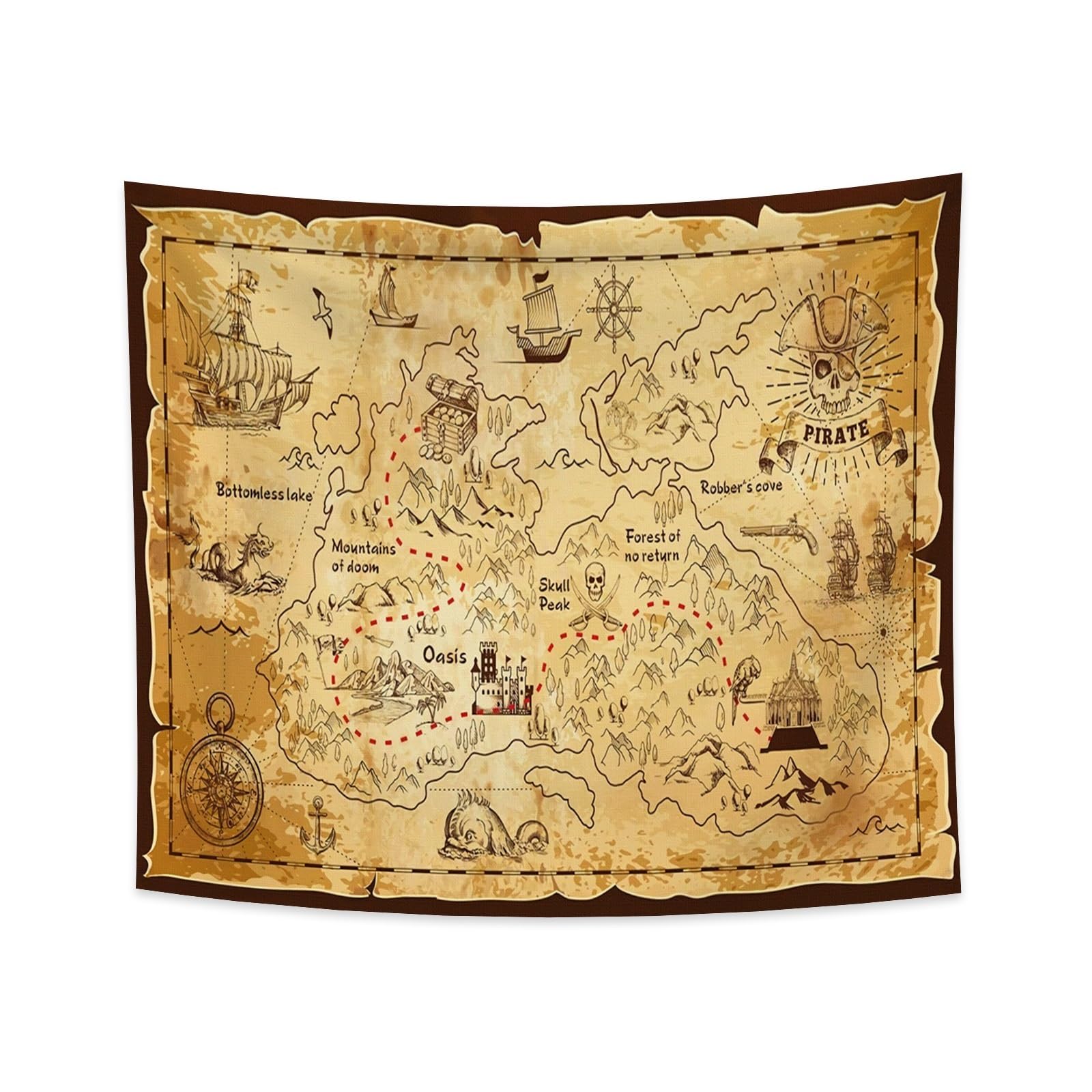 YONGFOTO Schatzkarte Wandteppich Piratenkarten Piratenflagge Westliche Schatzinsel Route Navigation Alte Weltkarte Poster Wandbehang Tapisserie für Wohnheimdeko Sofa Bettüberwurf, 180x160cm
