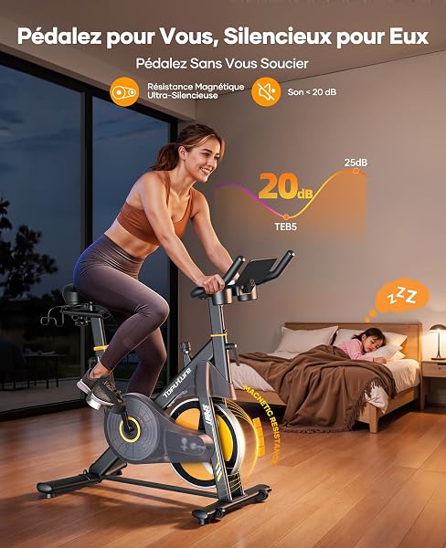 TOPUTURE Velo d Appartement, Vélo d'Appartement Silencieux avec Résistance Magnétique Électrique 32 Niveaux, Écran Tactile Haut de Gamme avec App et Capteur Cardiaque, Support Haltères, Capacité 150kg - 3