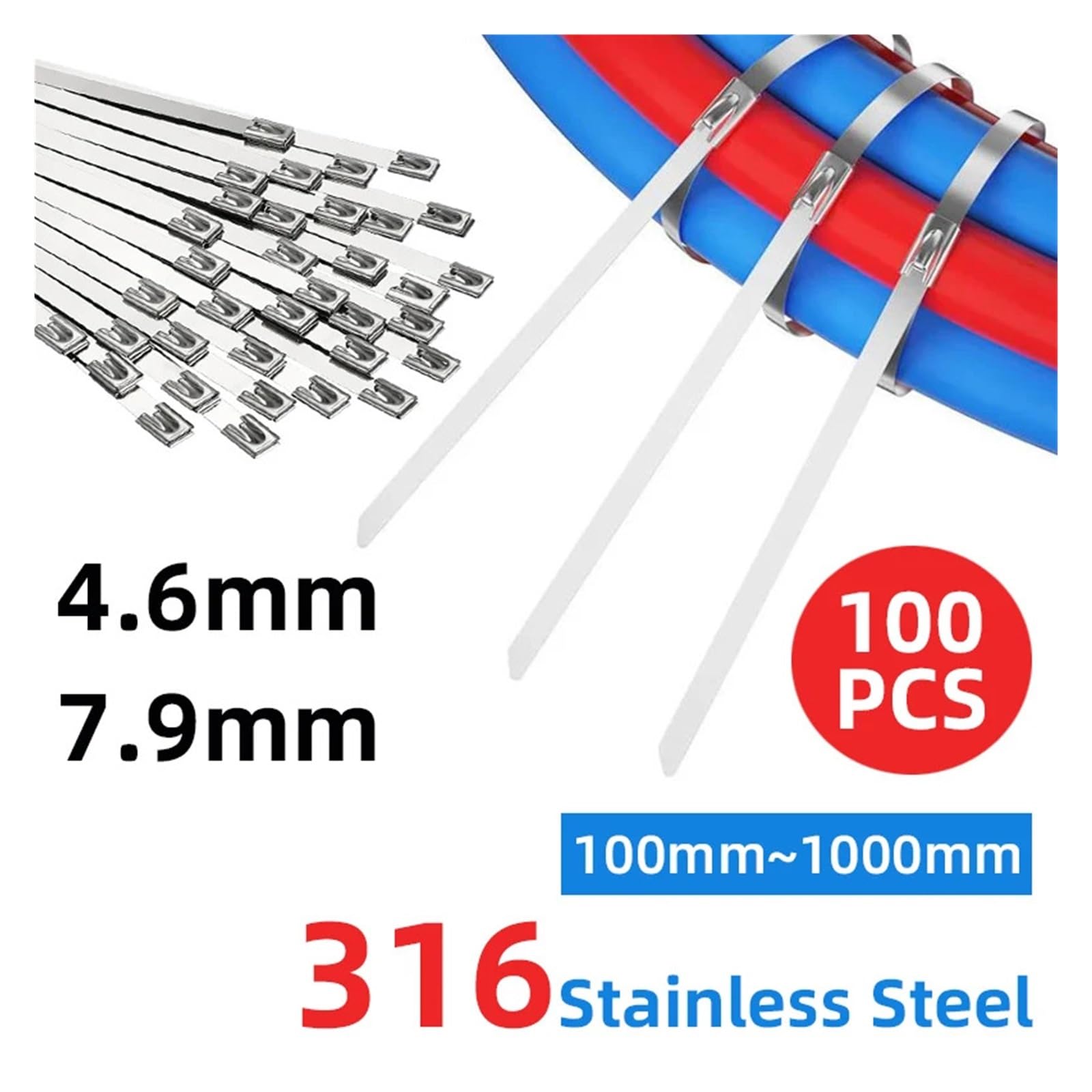 Fascetta con cerniera autobloccante in acciaio inossidabile 316, fascette per cavi da 100 pezzi da 4,6 mm/7,9 mm, 100-1000 mm per fascetta sigillante per involucro di scarico(7.9MM-550mm)