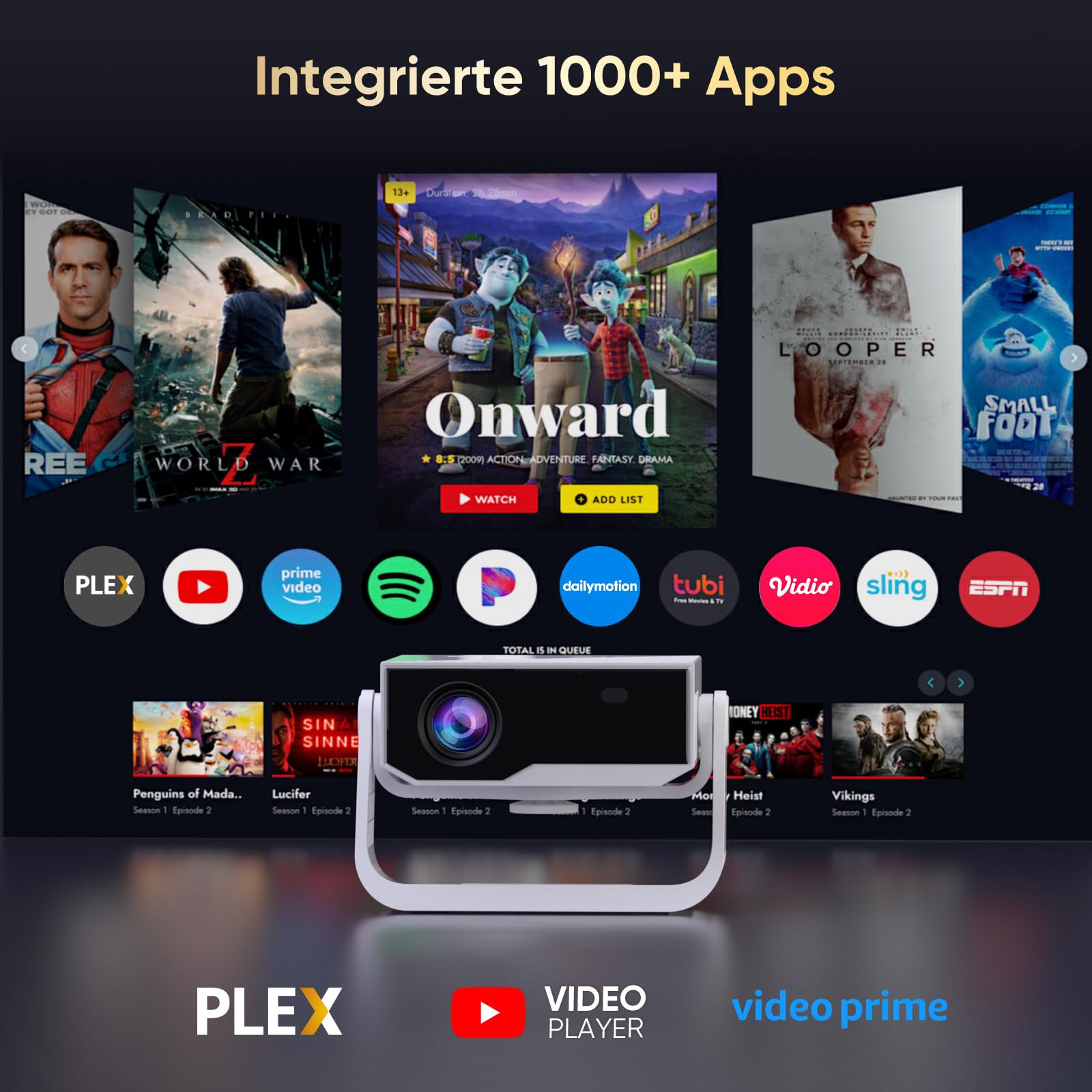 Wielio Upgrade Smart Beamer,integrierter App, Unterstützung 4K,WLAN&BT Projekto, 120° verstellbarem Ständer, vertikale Trapezkorrektur und elektronischer Fokus Heimkino Beamer für Handy/PC