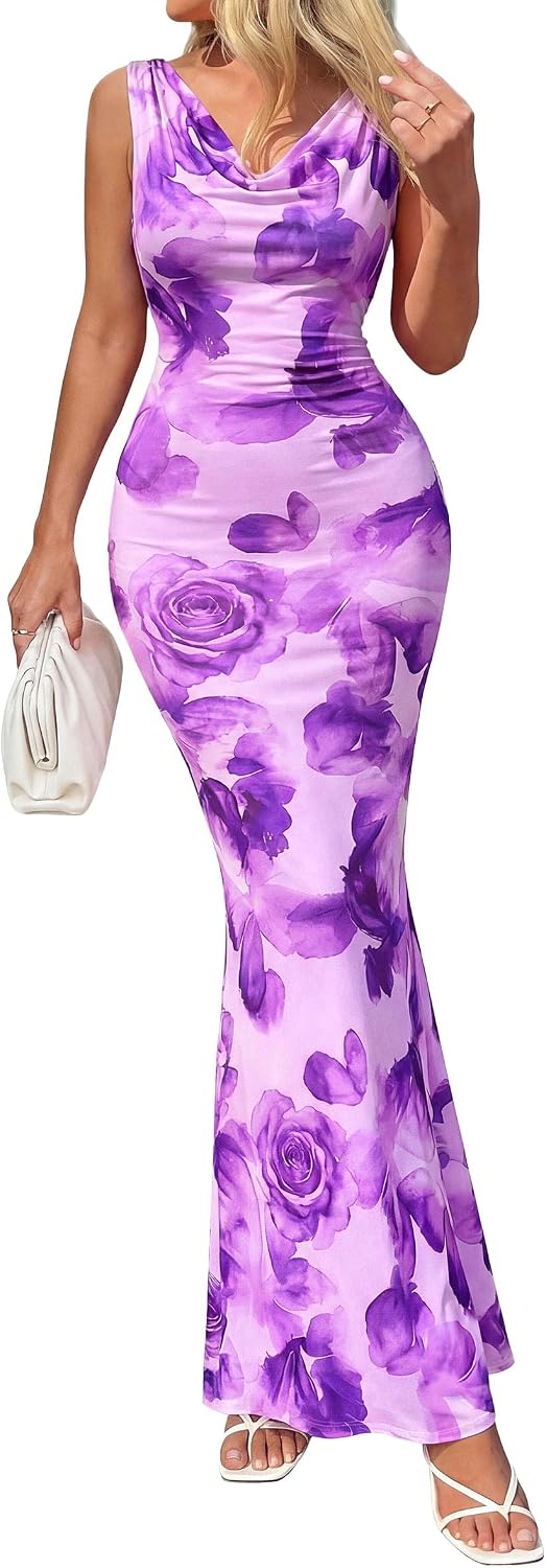 PRETTYGARDEN Women's Floral Maxi Dress 2026 Cowl Neck Summer Vacation Outfits Sleeveless Mermaid Wedding Guest Long Dresses