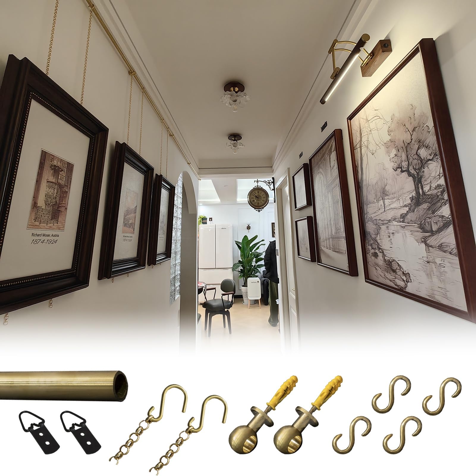 Sistema de rieles para colgar cuadros con cadenas decorativas y ganchos para exhibición de pared y decoración de galería