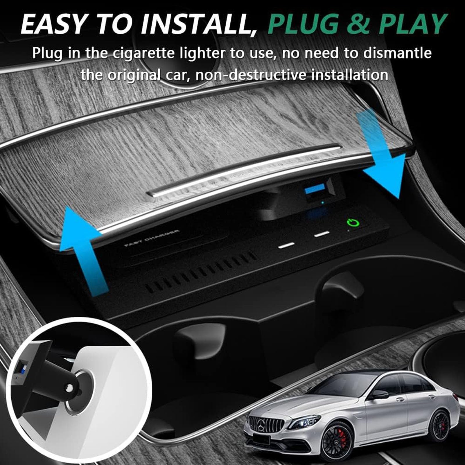 Caricatore Wireless Per Auto per Mercedes Benz Classe C Glc (2015-2022) Tutti I Modelli Con Sistema Di Raffreddamento A Doppio Canale D'aria Accessori Di Aggiornamento A Carica Rapida Da 15 W
