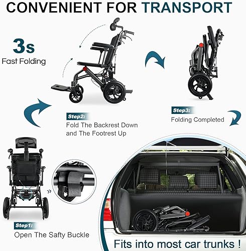 Miniatura 5 de WEYRAL Silla de ruedas portátil de transporte más ligera del mundo (solo 16 libras), sillas de ruedas de transporte plegables para adultos y