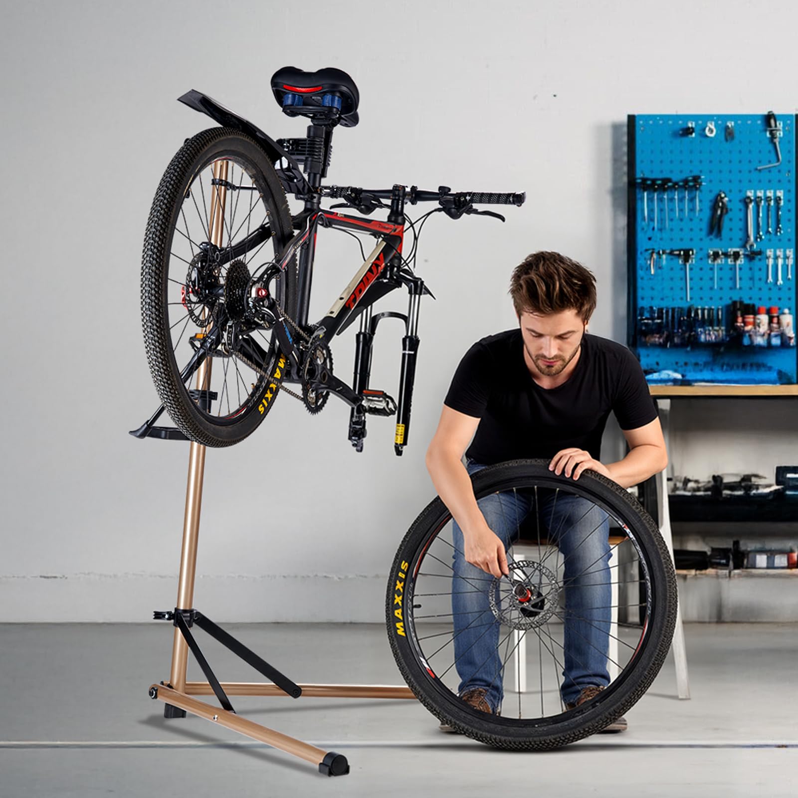 VEVOR Pied d'atelier vélo, hauteur réglable de 105-152 cm, support de réparation de vélo robuste, charge 39,9 kg, stand de bicyclettes avec plateau à outils magnétique, pour vélos de montagne et route