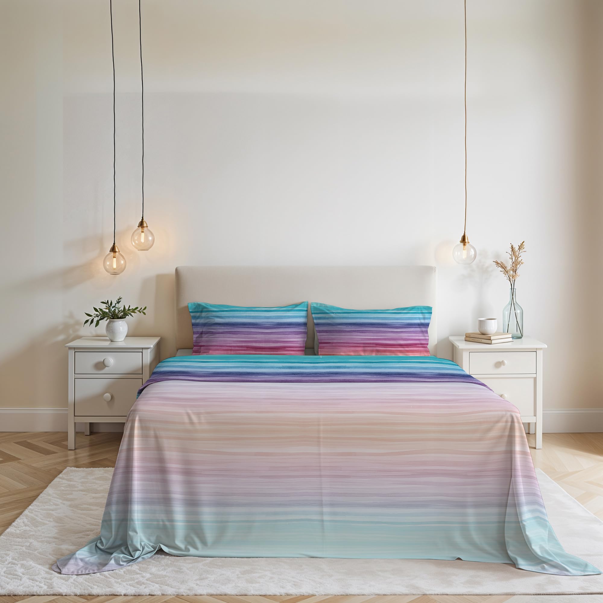 COMPLETO LETTO MATRIMONIALE NO STIRO FANTASY-Prodotto in Italia - Microfibra - Sopra 240x270 cm, Sotto 170x200 cm con Angoli Elasticizzati 25 cm, 2 Federe 50x80 cm - Rainbow